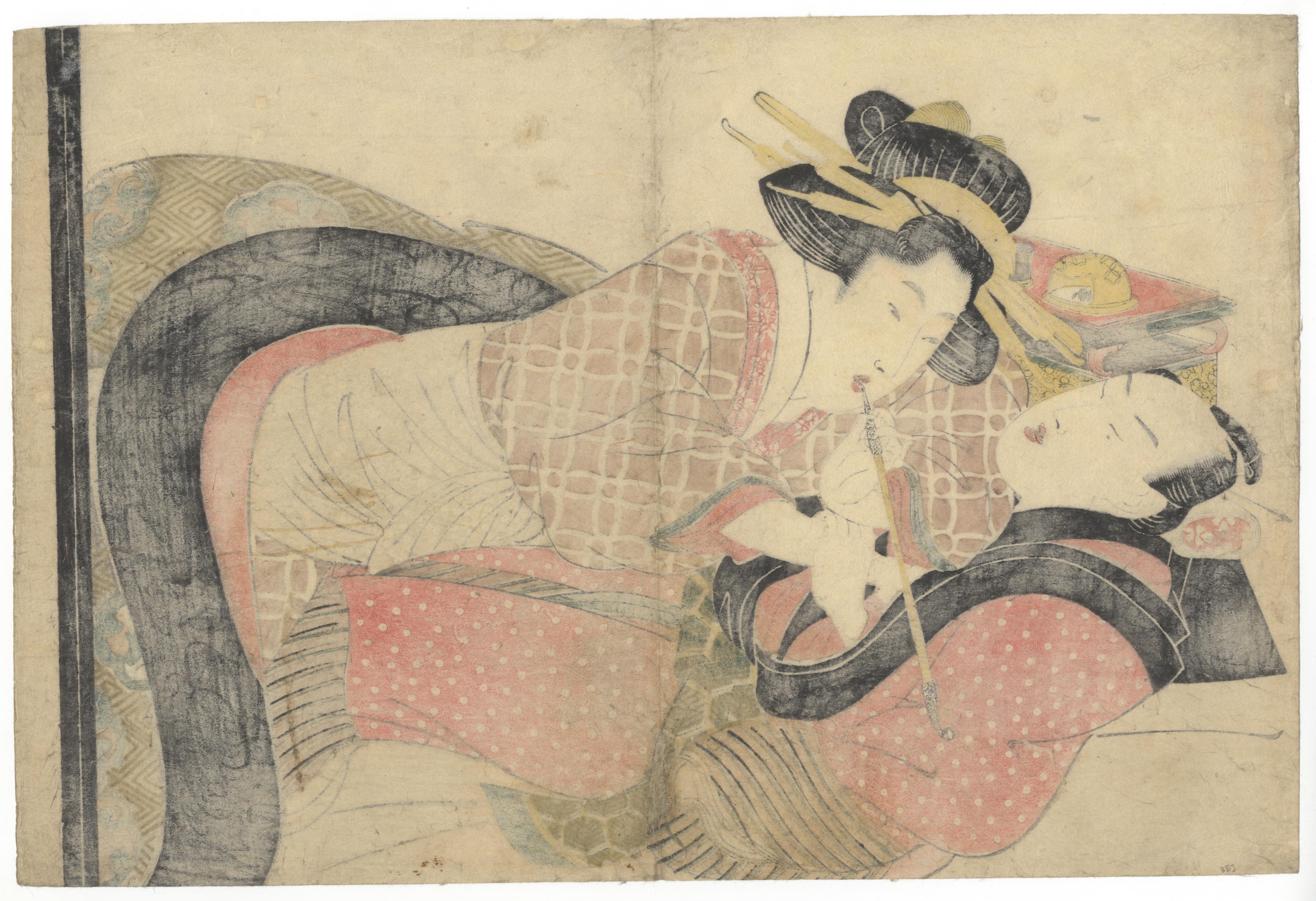 Artist: Eizan Kikugawa (1787-1867)
Title: Abuna-e, Smoking 
Date: c. 1800s -1830s
Dimensions: 38.6 x 26 cm
Condition: Centrefold. Some restored wormholes. Faint stain on the centre right. Light soiling. 

Abuna-e refers to suggestive and sensual