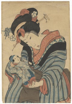 Eizan Kikugawa, Beauty and a Doll, Original Japanese Woodblock Print, Kimono