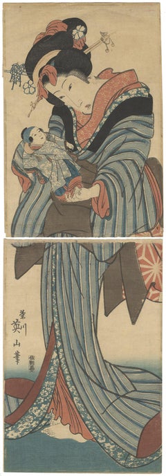 Antique Eizan Kikugawa, Beauty and a Doll, Original Japanese Woodblock Print, Kimono