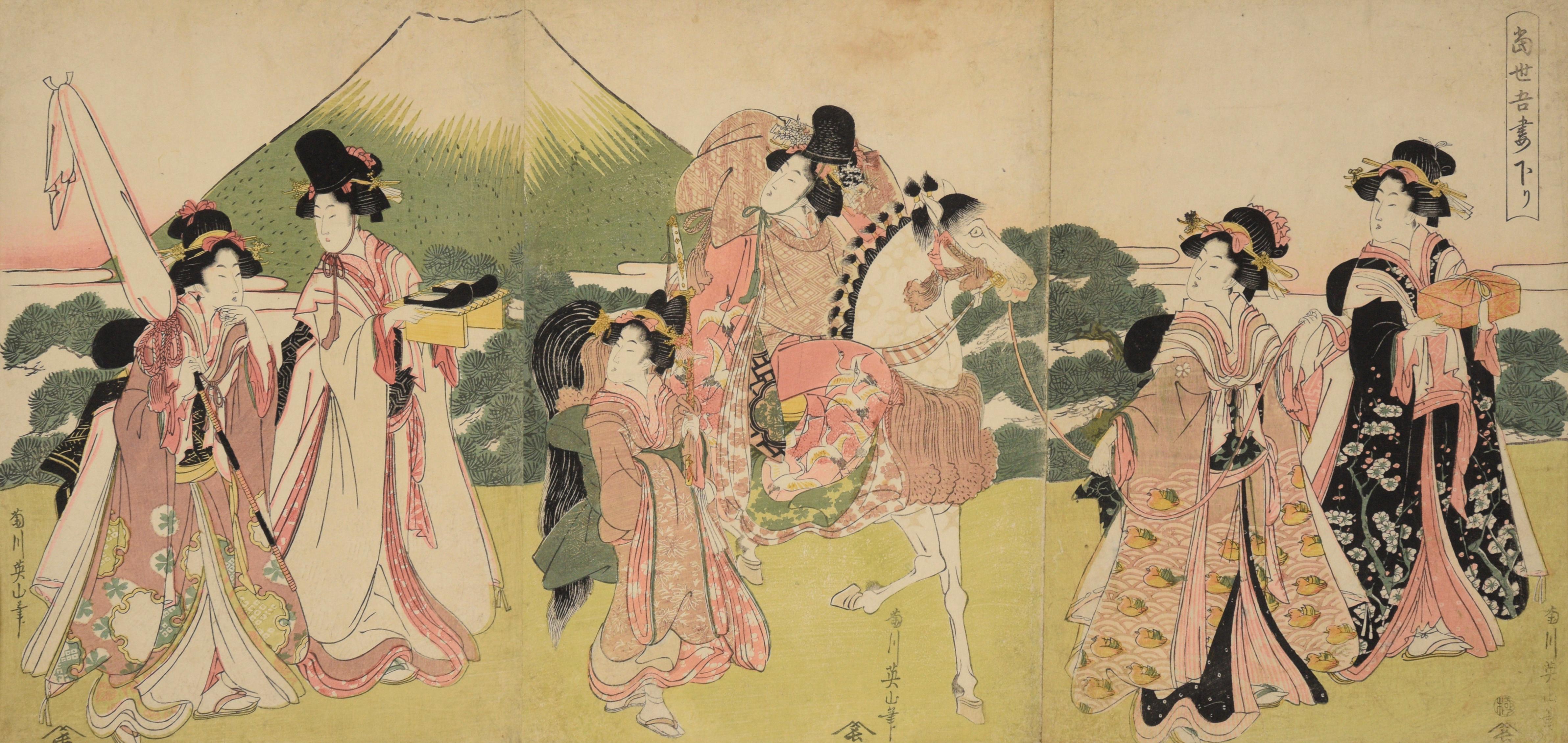 Il viaggio di Narihira in Oriente - xilografia giapponese su carta di Kikugawa Eizan 1