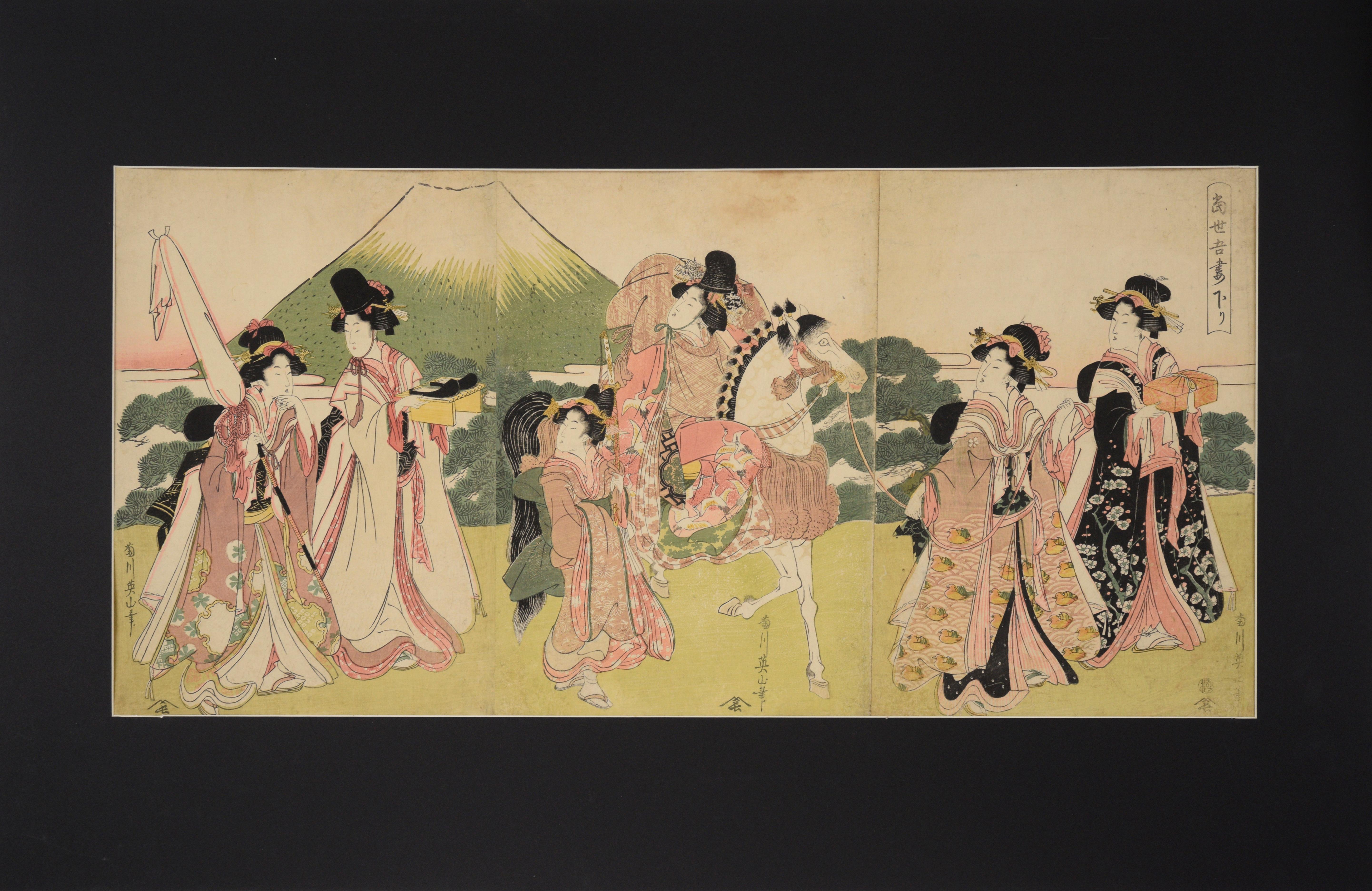 Le voyage de Narihira vers l'Est - planche de bois japonaise sur papier de Kikugawa Eizan