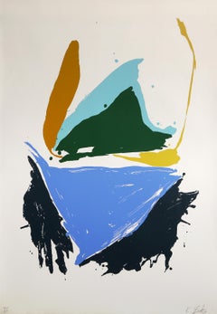 Cinco azules, serigrafía expresionista abstracta de Kikuo Saito
