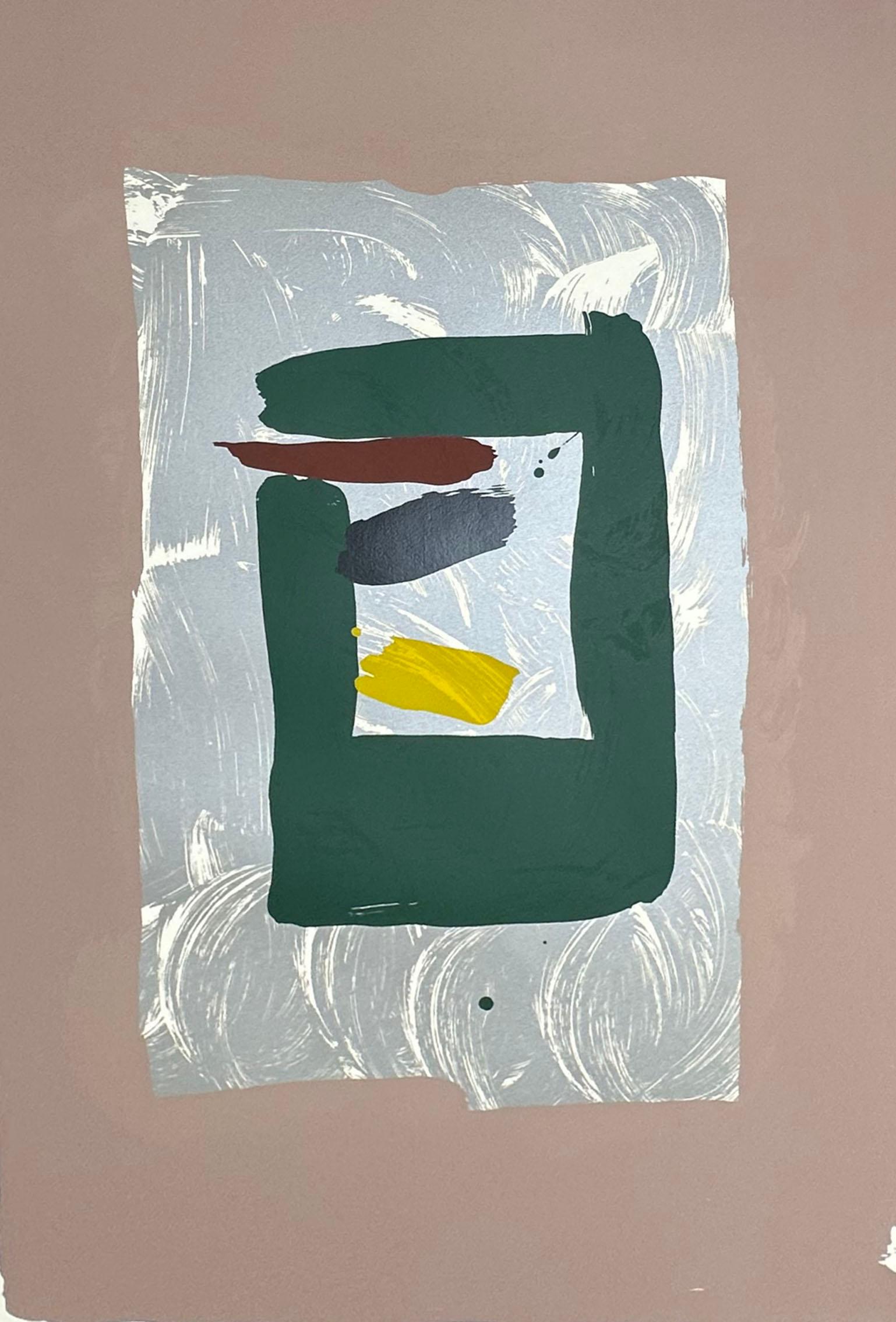 A limited edition serigraph print by the Japanese-American artist Kikuo Saito (1939-2016). This abstract work has a central dark green rectangle printed on a silver background and accented with a brown-red, black, and yellow dash. A field of pale