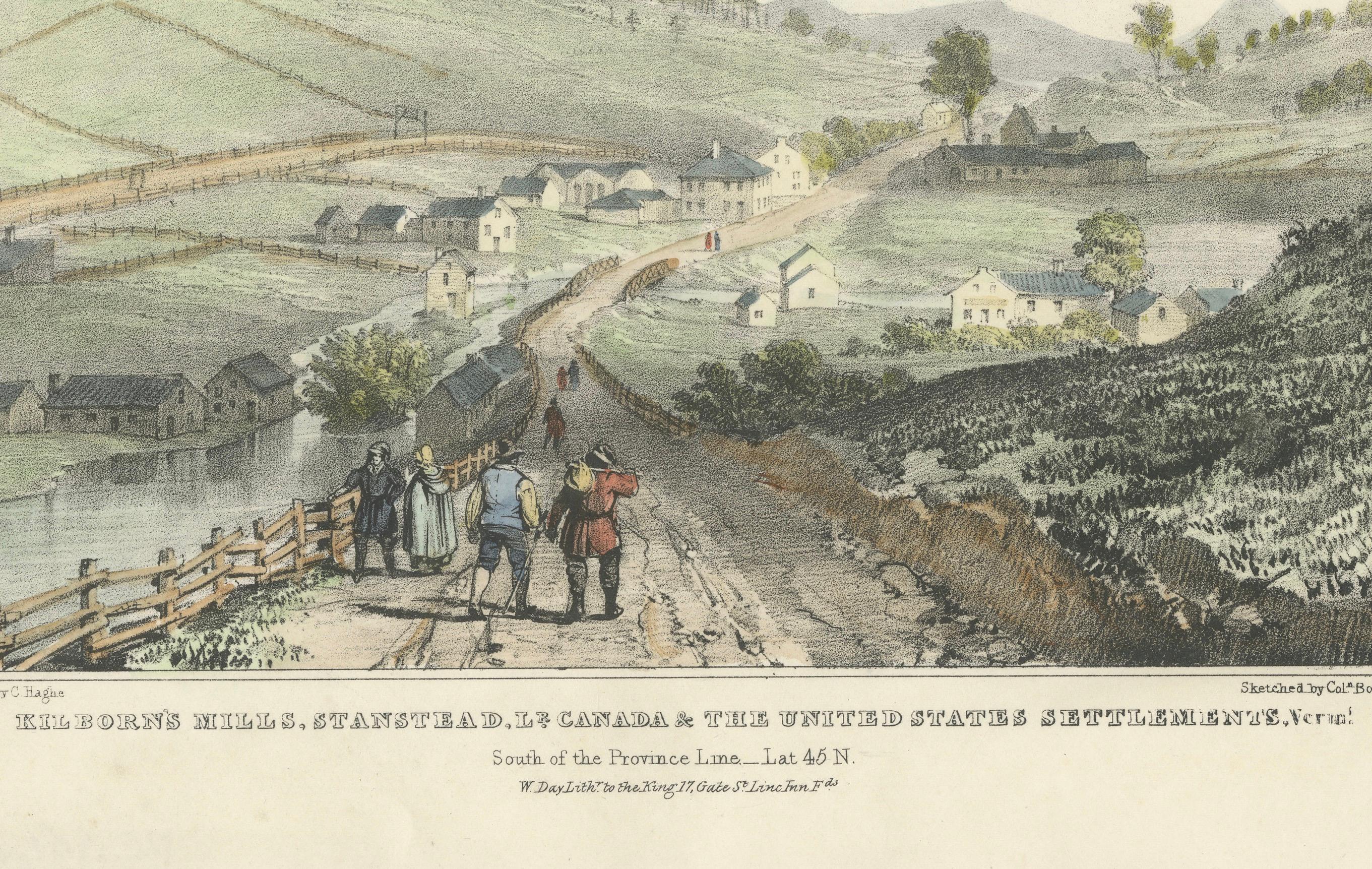 Kilborn's Mills at the Canada-U.S. Border: Hand-Colored 19th-Century Lithograph