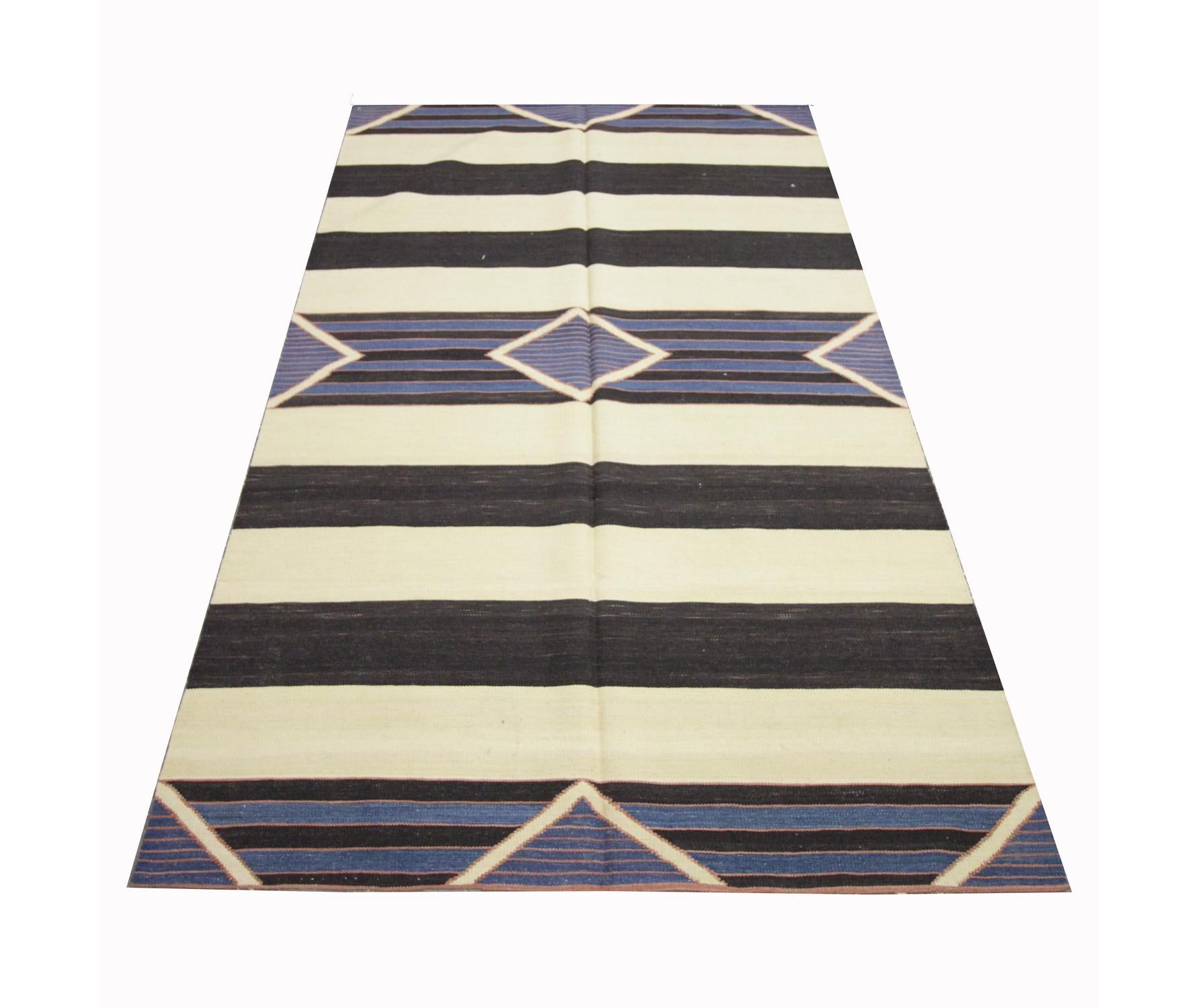 Afghan Modern Kilim Area Rug Handwoven Striped Rug Cream Black Wool Carpet For Sale