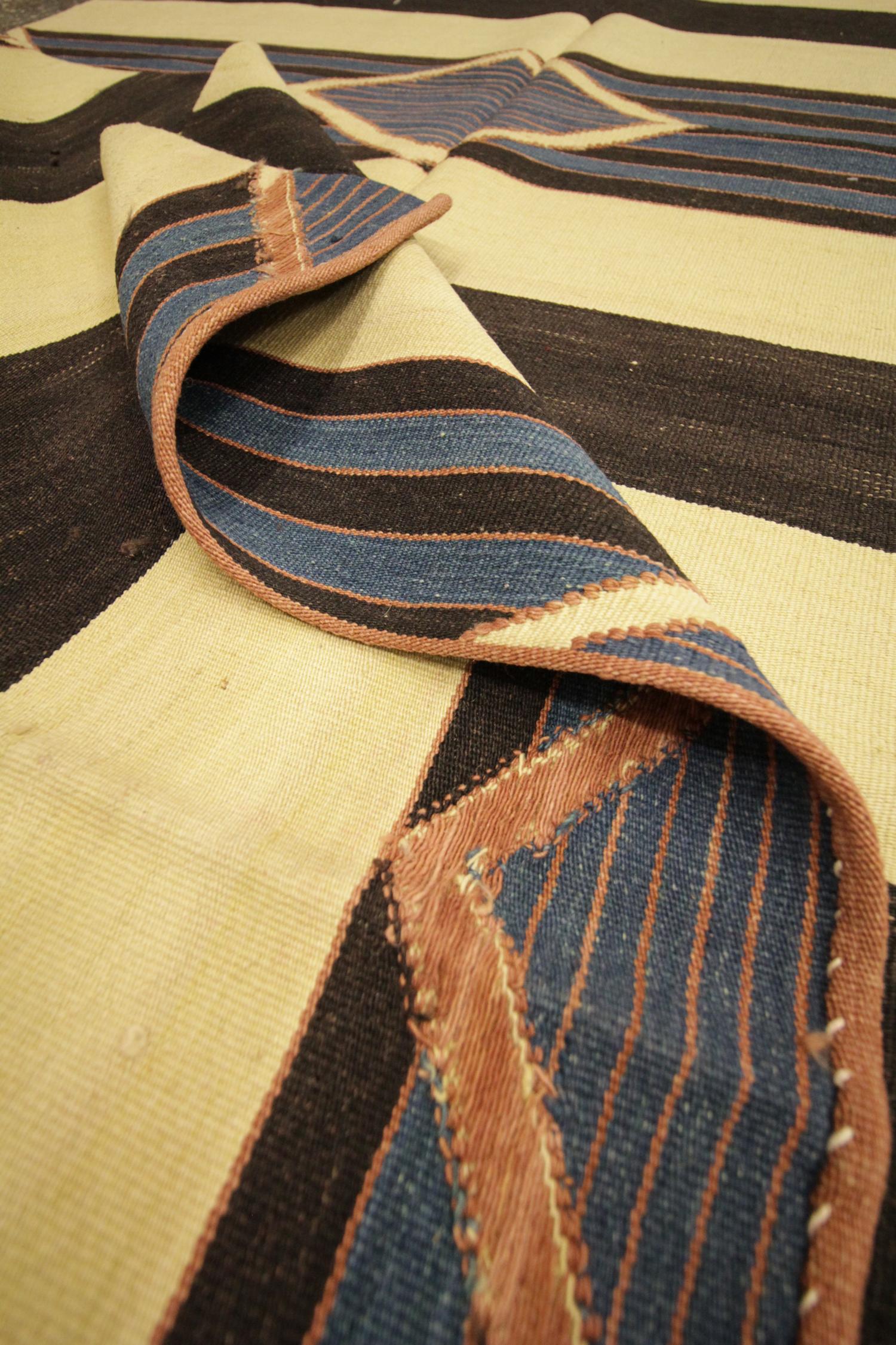 Contemporary Modern Kilim Area Rug Handwoven Striped Rug Cream Black Wool Carpet For Sale
