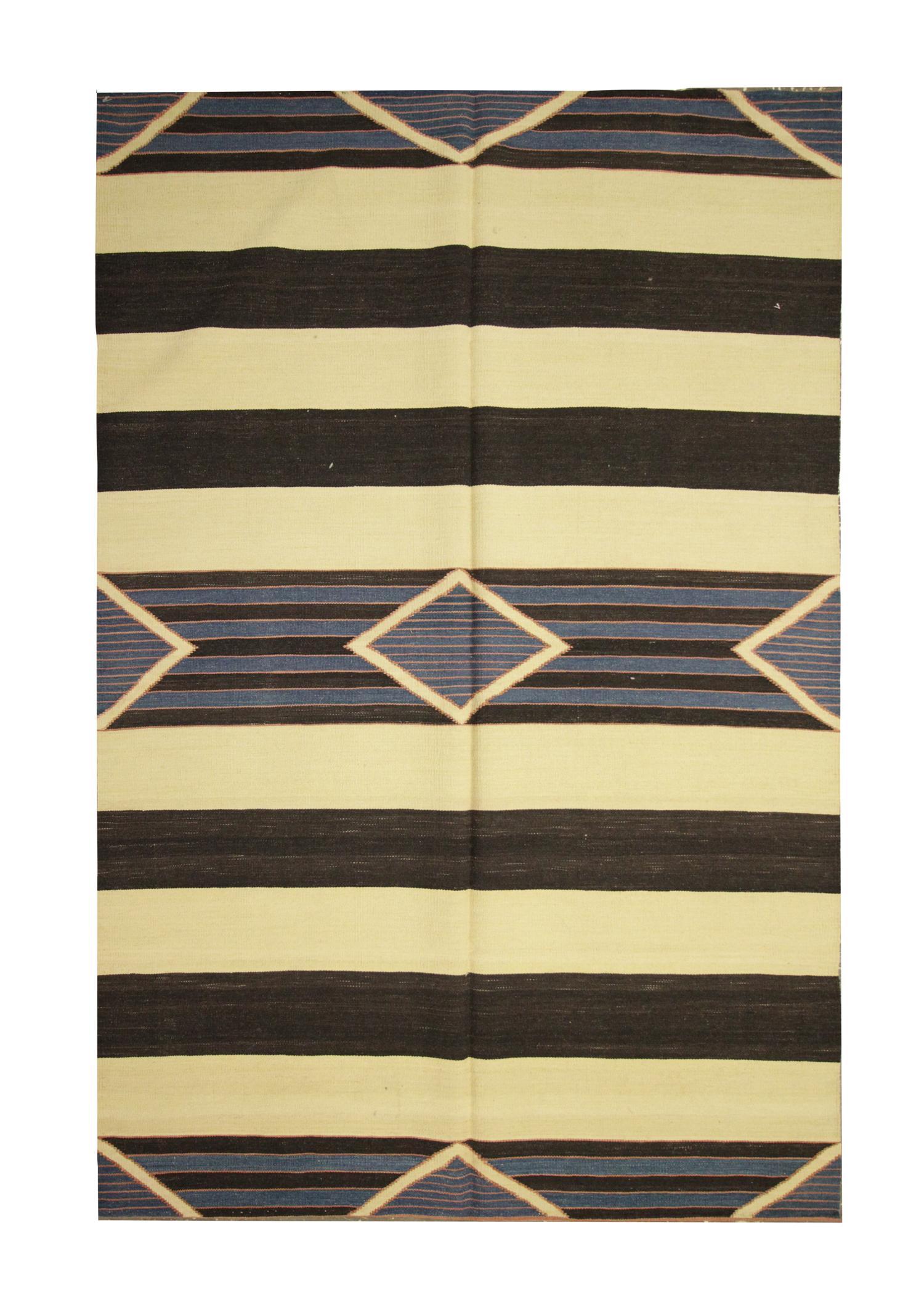 Modern Kilim Area Rug Handwoven Striped Rug Cream Black Wool Carpet