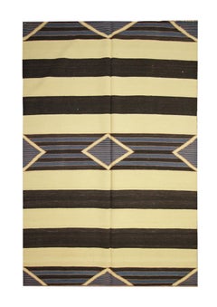 Modern Kilim Area Rug Handwoven Striped Rug Cream Black Wool Carpet