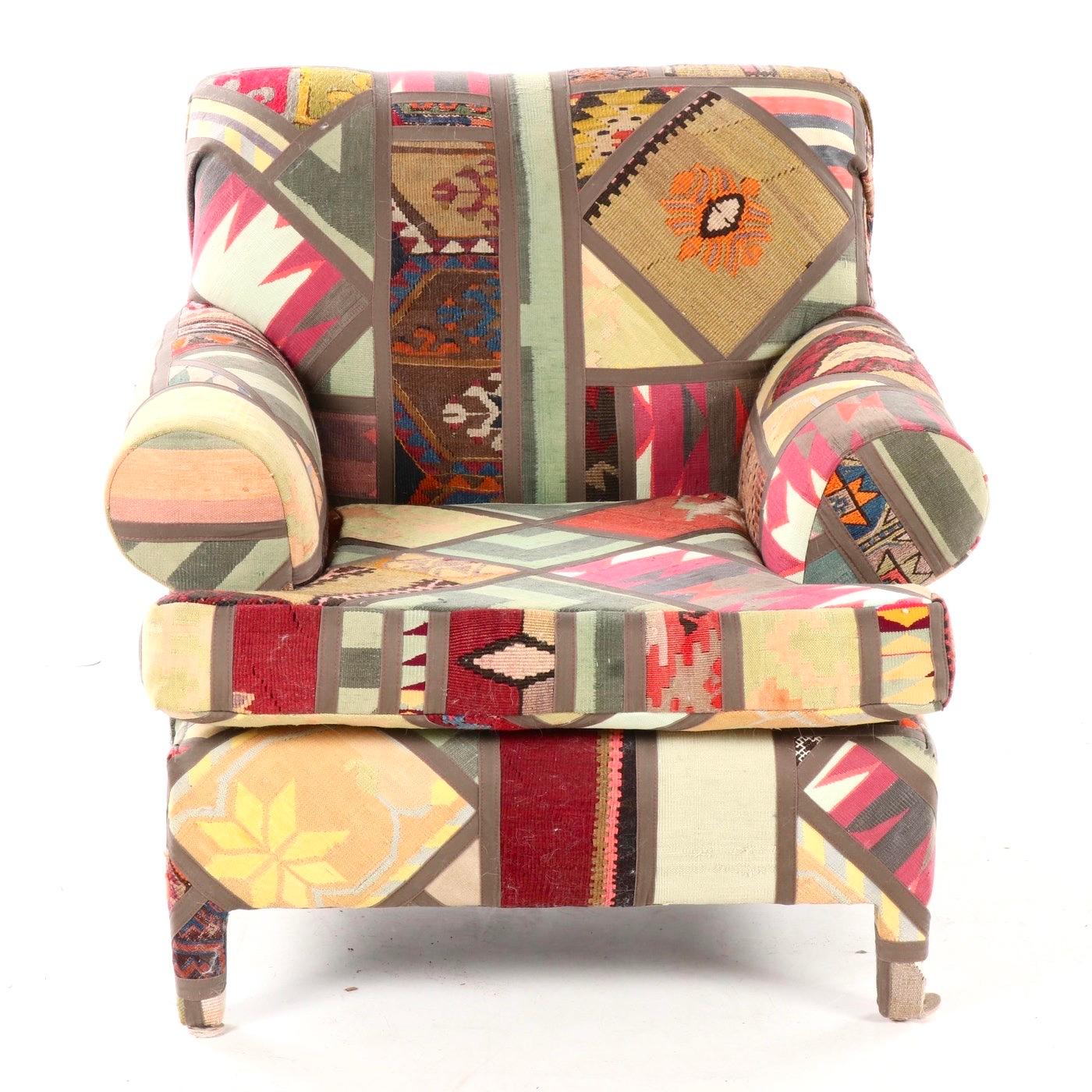 Kilim Clad custom handmade armchair, lounge with ottoman, Santa Fe, New Mexico. Gorgeous, intricate patchwork mosaic. A custom creation by Seret & Sons, Santa Fe. Labelled and dated 1992. Measures: 36.0
