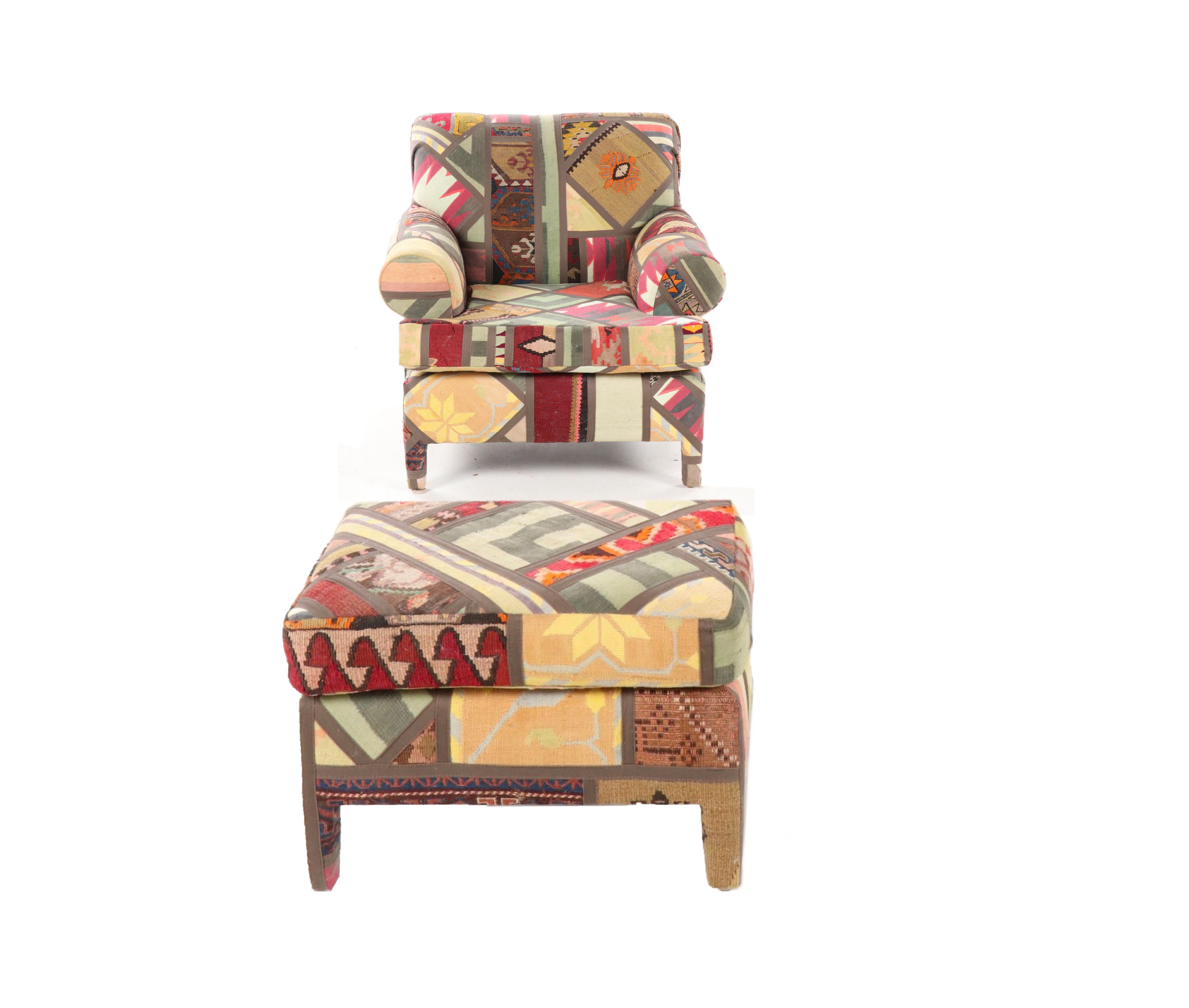 American Kilim Clad Custom Handmade Armchair, Lounge with Ottoman, Santa Fe, New Mexico 