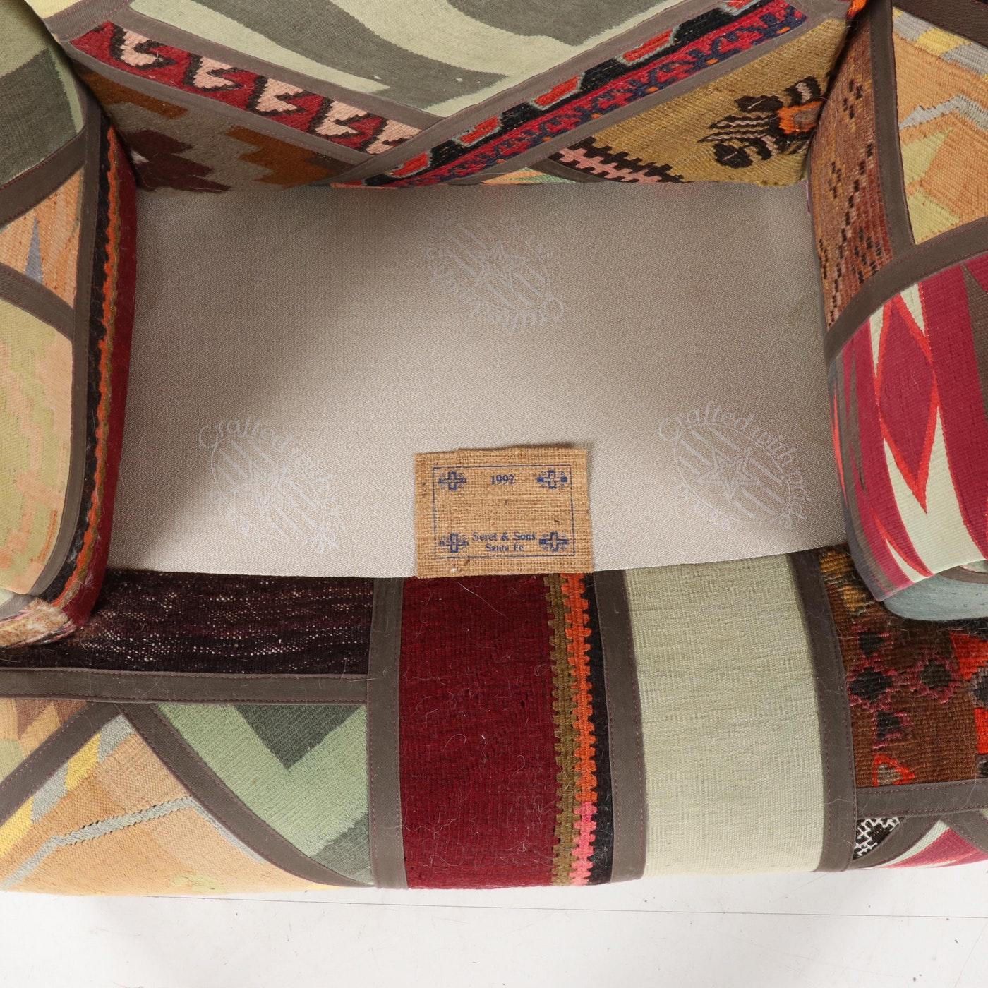 Wool Kilim Clad Custom Handmade Armchair, Lounge with Ottoman, Santa Fe, New Mexico 