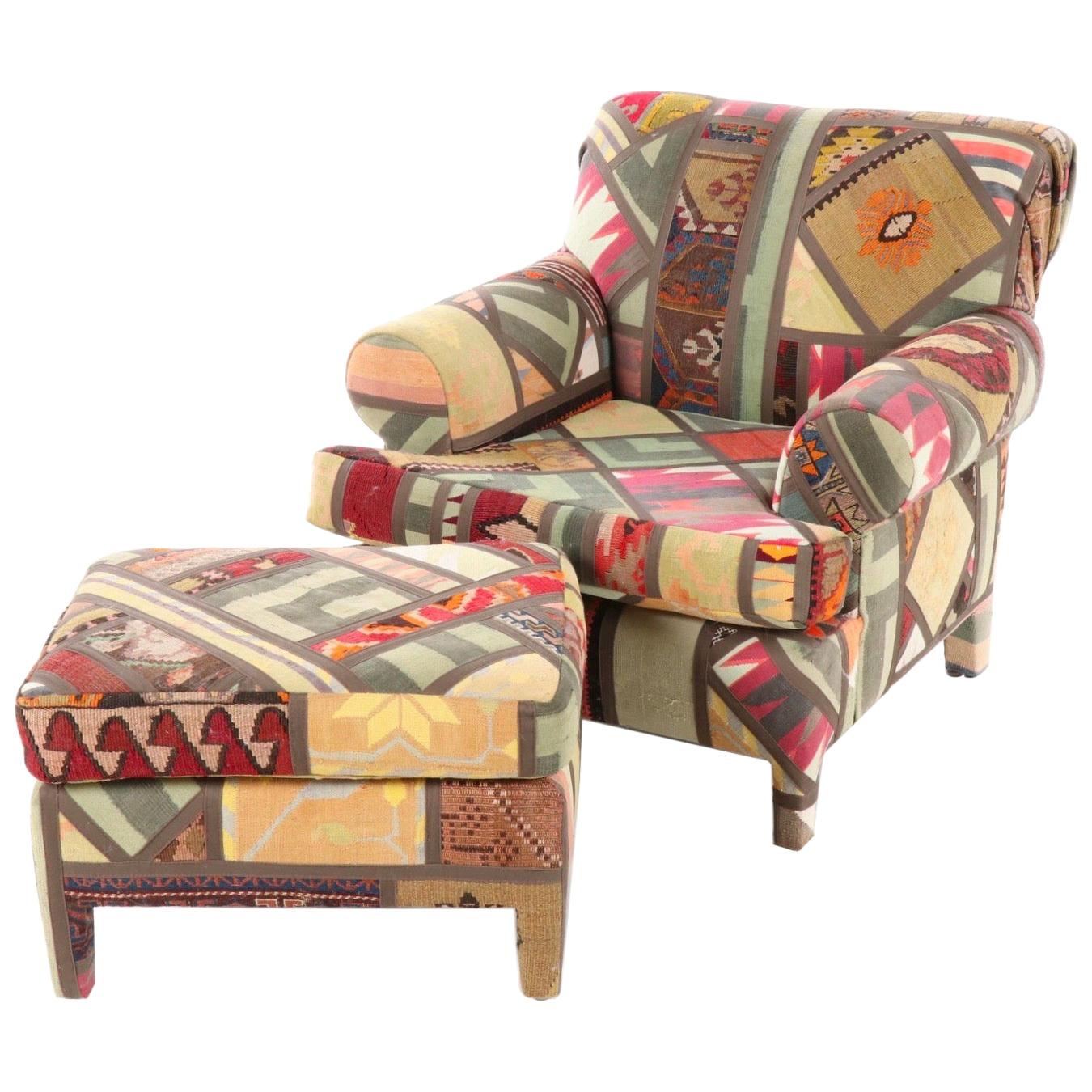 Kilim Clad Custom Handmade Armchair, Lounge with Ottoman, Santa Fe, New Mexico 