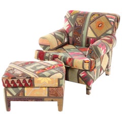 Retro Kilim Clad Custom Handmade Armchair, Lounge with Ottoman, Santa Fe, New Mexico 