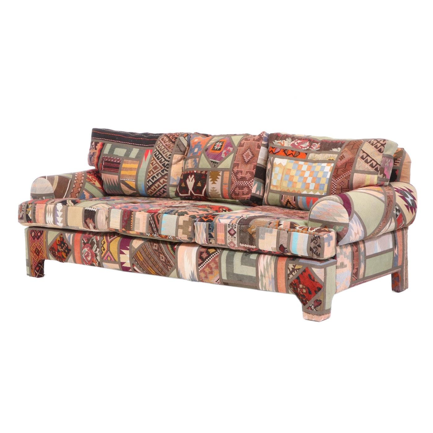 Post-Modern Kilim Clad Custom Handmade Sofa and Armchair with Ottomon, Santa Fe Modern 1992