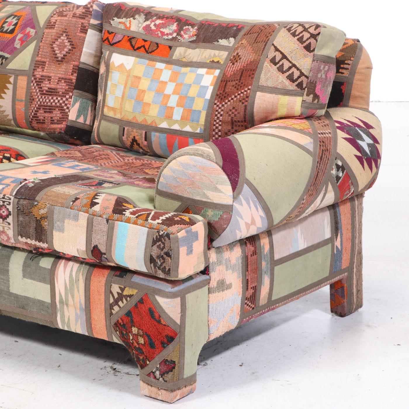 Kilim Clad Custom Handmade Sofa and Armchair with Ottomon, Santa Fe Modern 1992 In Good Condition In Brooklyn, NY