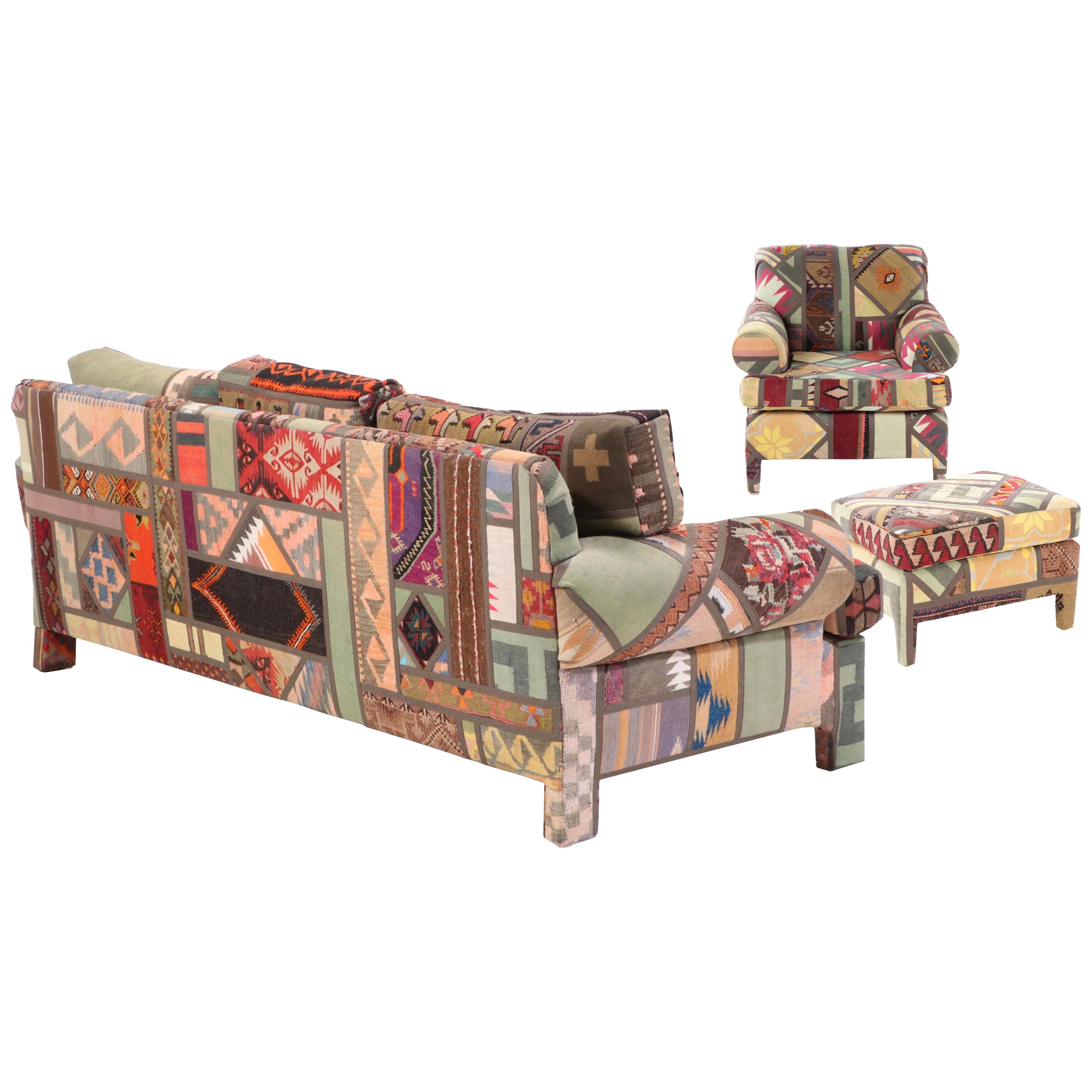 Kilim Clad Custom Handmade Sofa and Armchair with Ottomon, Santa Fe Modern 1992