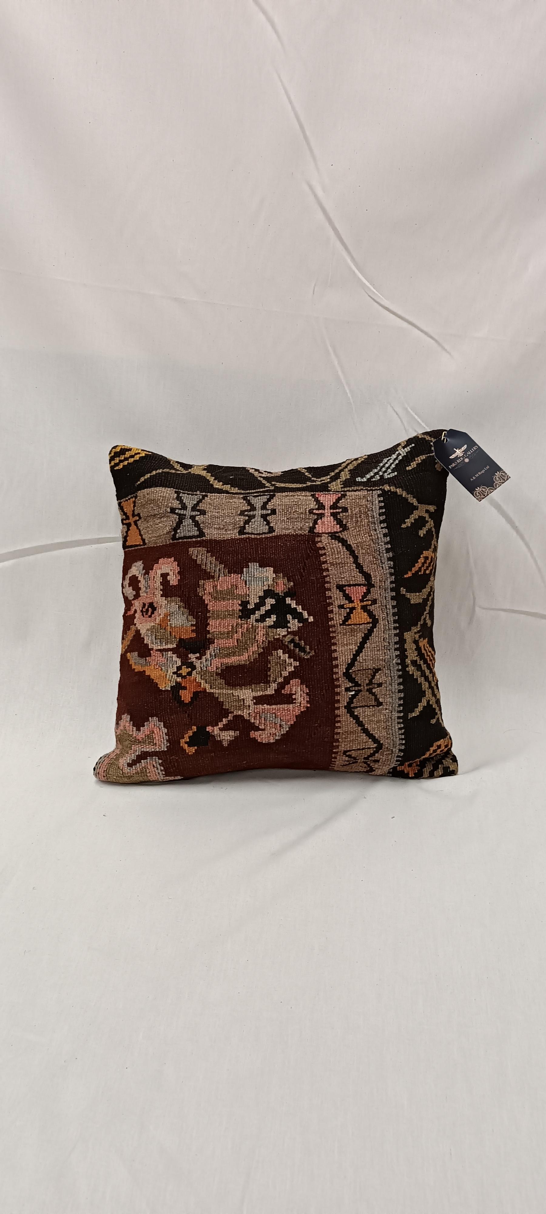 Art Déco Copricuscino Kilim Marrone Khaki Cuscino Tribale in Lana Zigzag Contemporaneo Geometrico in vendita