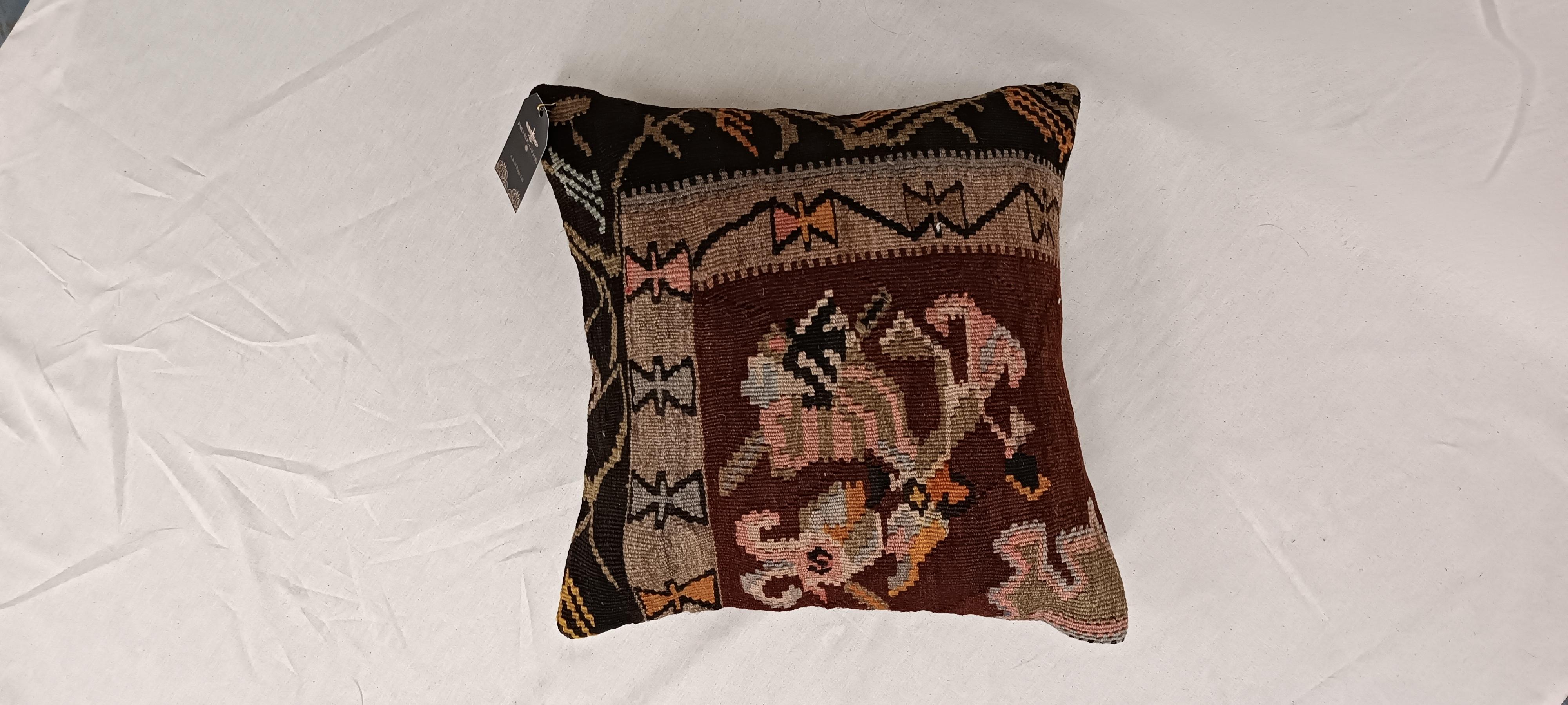 XXI secolo e contemporaneo Copricuscino Kilim Marrone Khaki Cuscino Tribale in Lana Zigzag Contemporaneo Geometrico in vendita