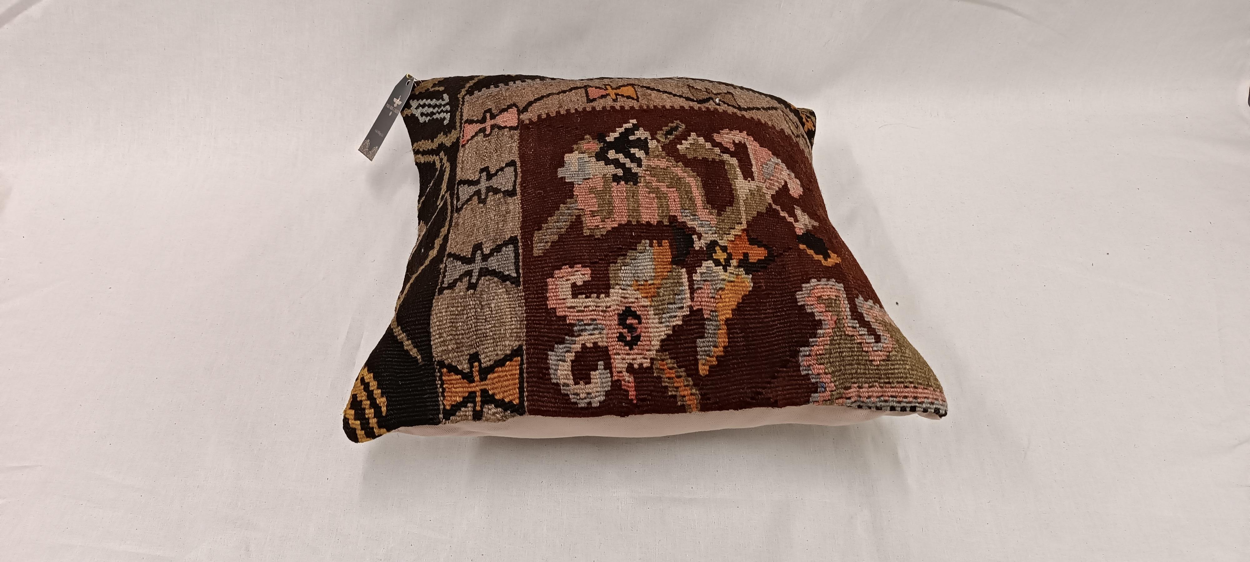 Tessuto Copricuscino Kilim Marrone Khaki Cuscino Tribale in Lana Zigzag Contemporaneo Geometrico in vendita