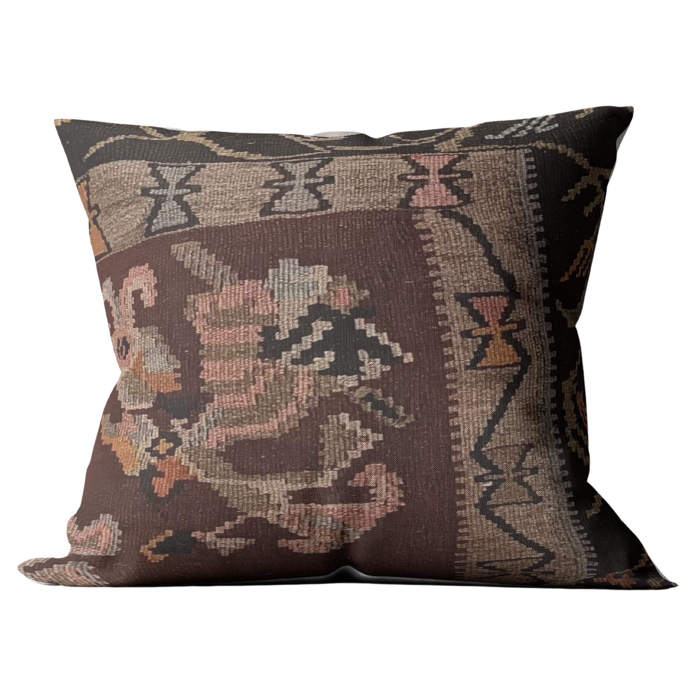 Housse de coussin Kilim Marron Kaki Tribal Zigzag Laine Coussin Géométrique Contemporain