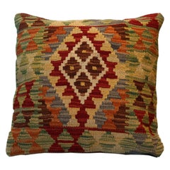 Kilim Cushion Cover Handwoven Green Brown Wool Scatter Pillow Cover