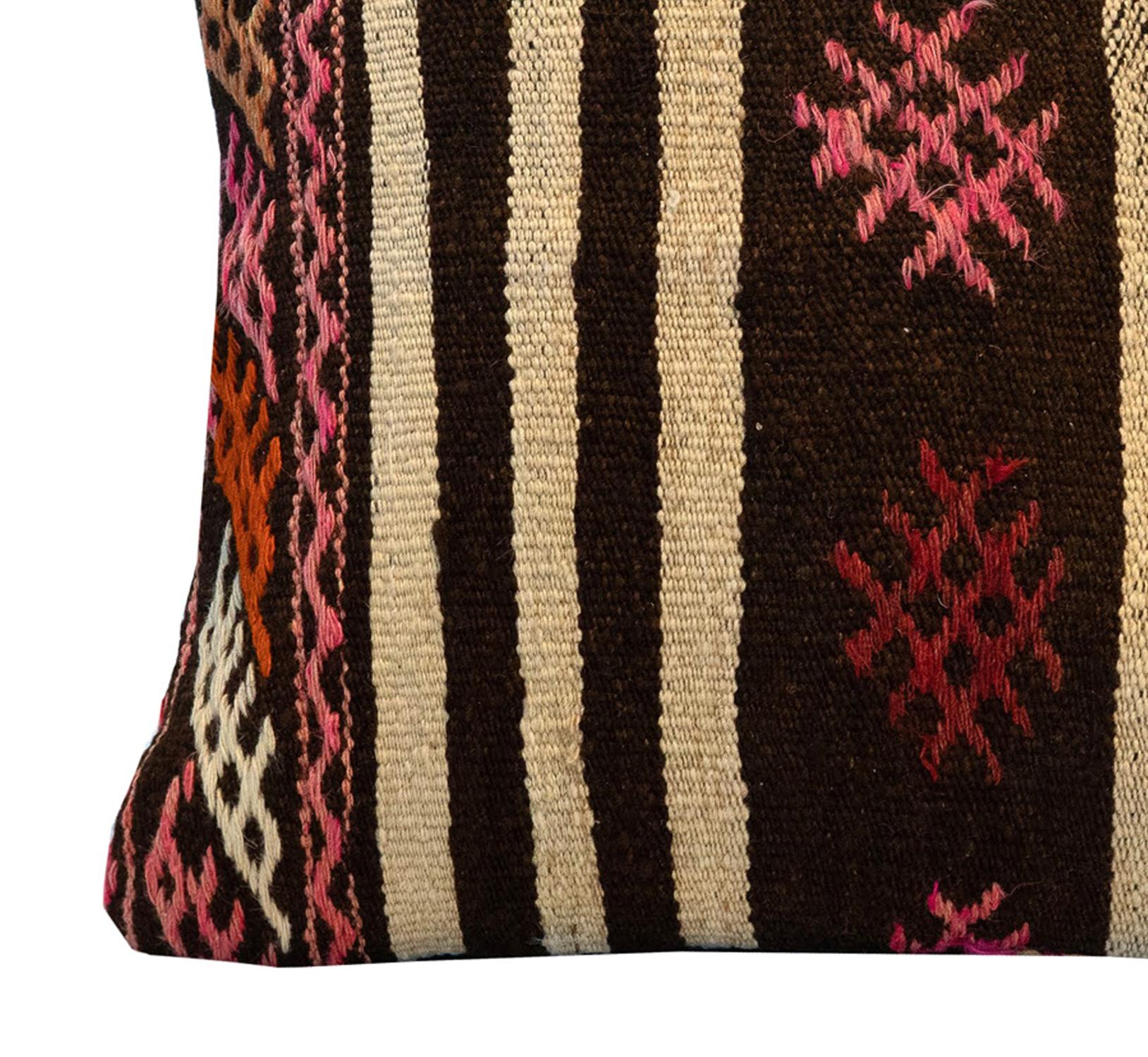 Kilim Cushion Cover Handwoven Oriental Wool Scatter Cushion Brown Pink In Excellent Condition In Hampshire, GB