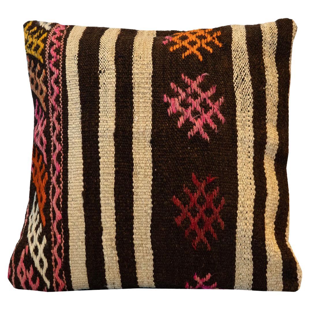 Kilim Cushion Cover Handwoven Oriental Wool Scatter Cushion Brown Pink