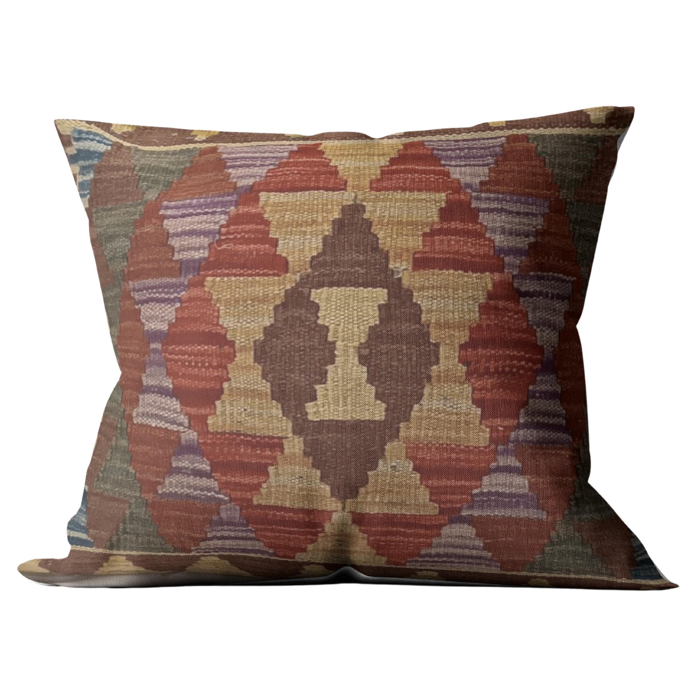 Housse de coussin Kilim, oreiller en laine zigzag tribal multicolore Géométrique contemporain
