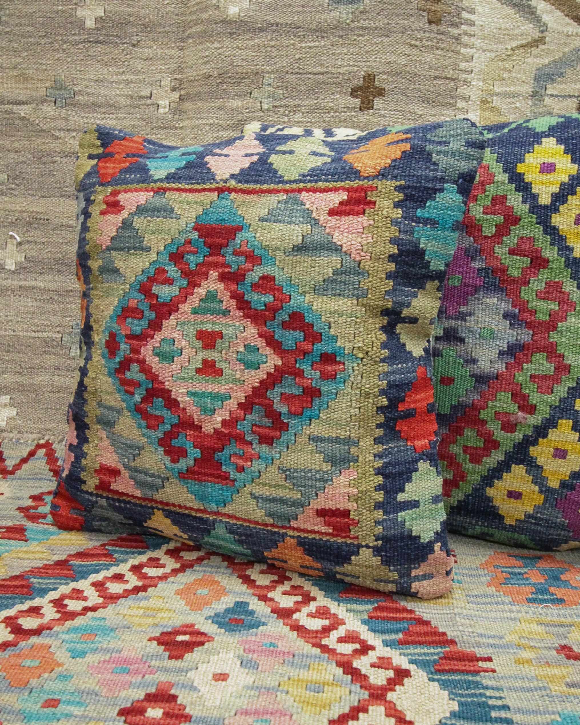 Vegetable Dyed Kilim Cushion Cover New Blue Green Handwoven Wool Scatter Cushion