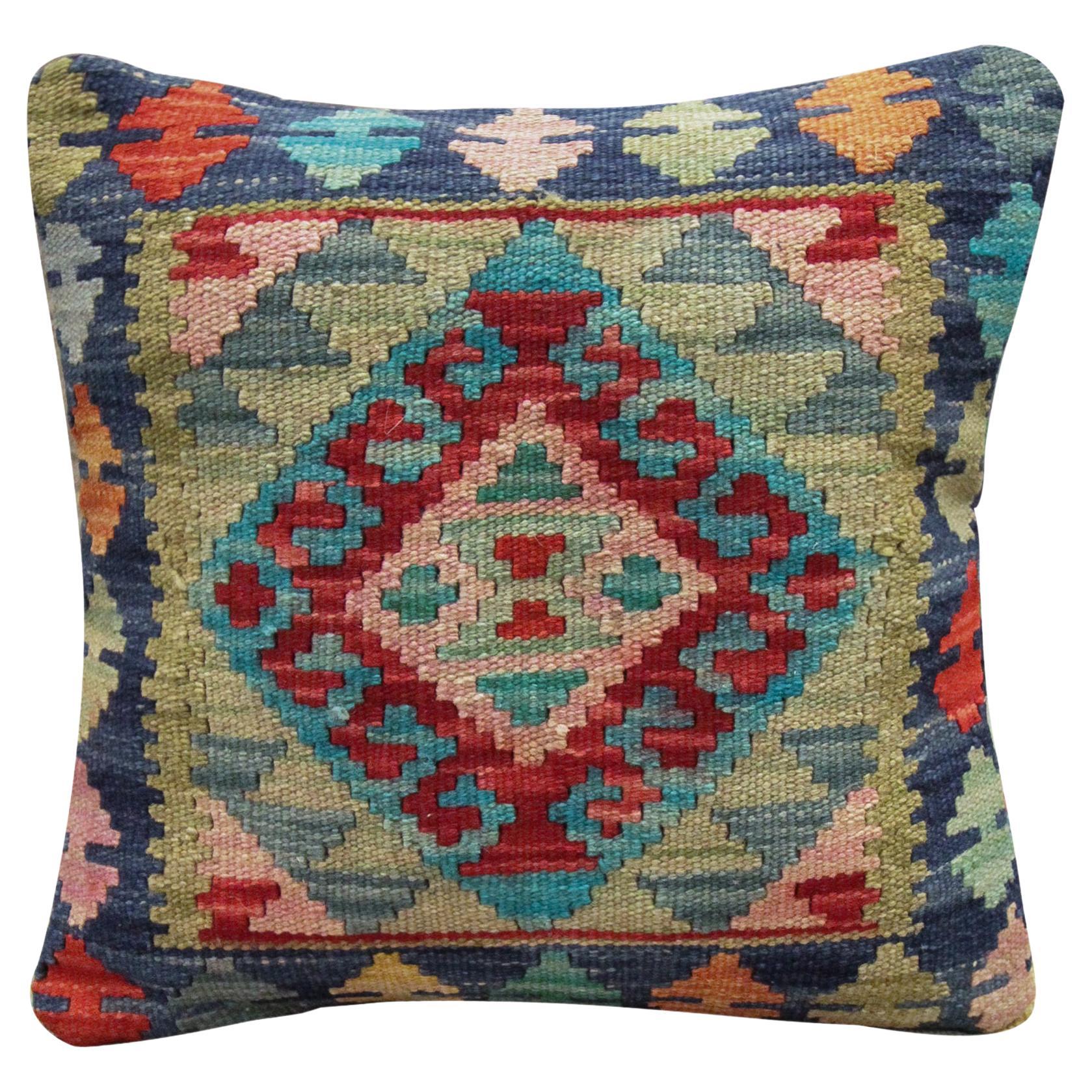 Kilim Cushion Cover New Blue Green Handwoven Wool Scatter Cushion