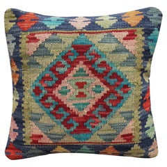 Kilim Cushion Cover New Blue Green Handwoven Wool Scatter Cushion