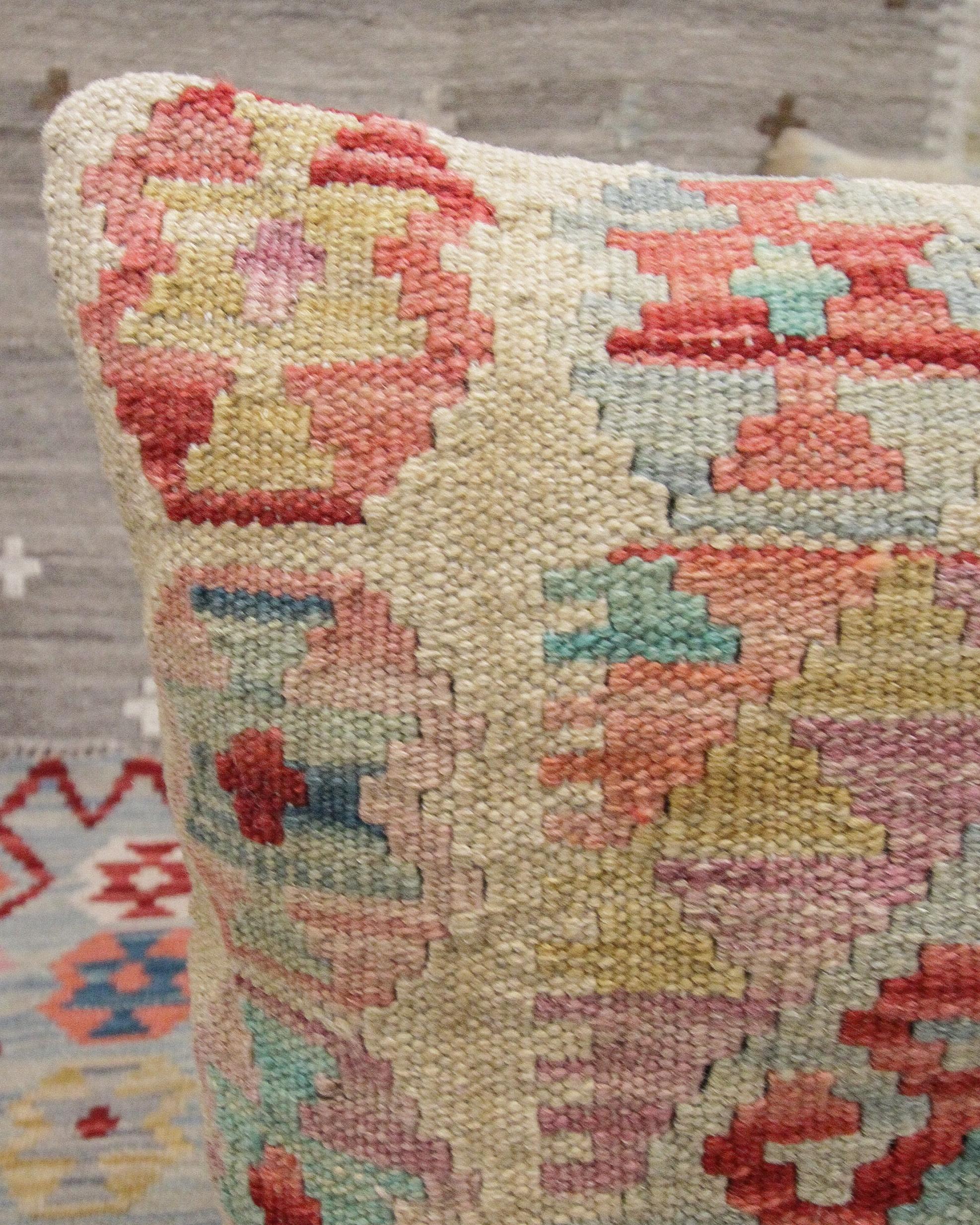 Afghan Kilim Cushion Cover Rustic Beige Pink Wool New Handmade Scatter Pillow