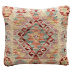 Kilim Cushion Cover Rustic Beige Pink Wool New Handmade Scatter Pillow