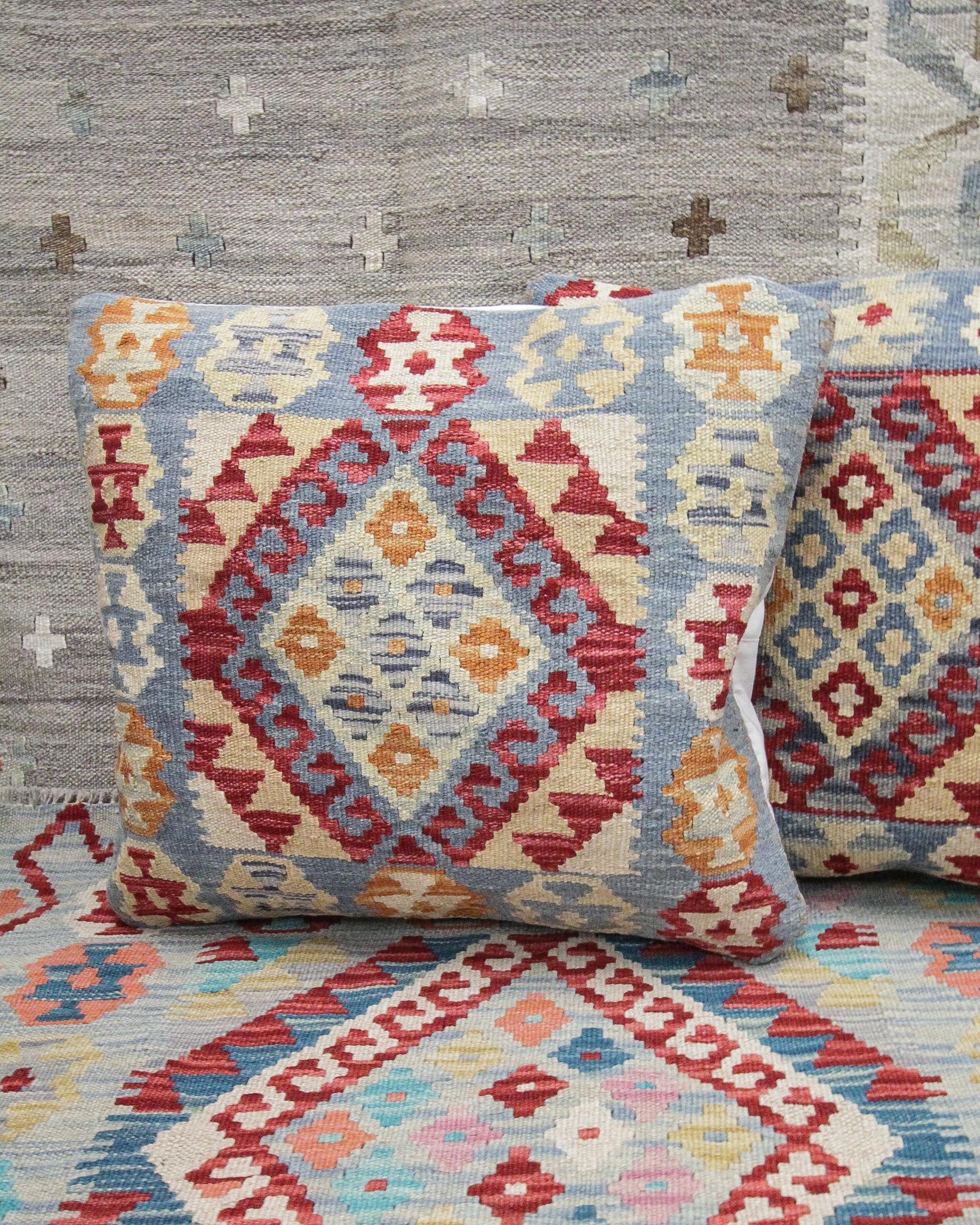 Mid-Century Modern Kilim Cushion Cover Sky Blue Traditional Wool Scatter Cushion Pillow For Sale