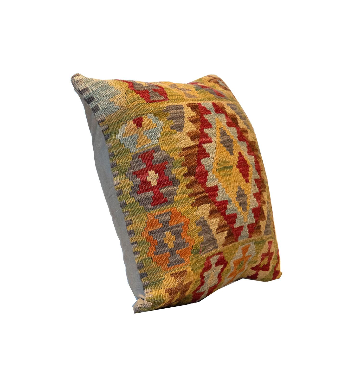 Hand-Knotted Kilim Geometric Cushion Cover Handwoven Bold Green Red Scatter Cushion