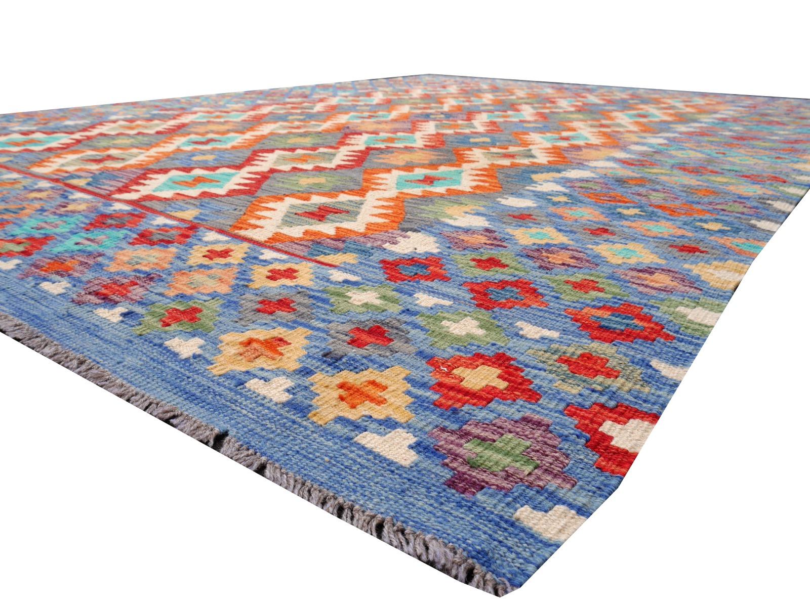 Kilim Rug Diamond Design Room Size Wool Flat Hand-Woven Persian Carpet 4