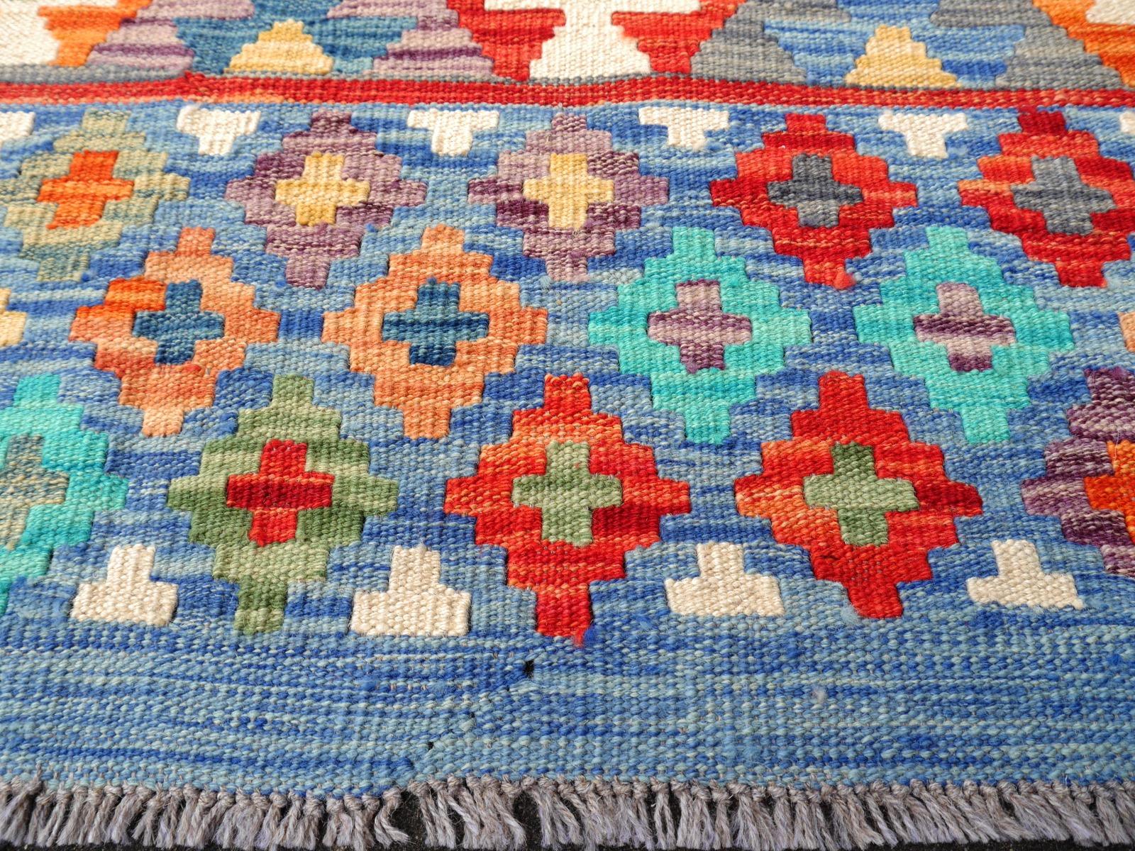 Tribal Kilim Rug Diamond Design Room Size Wool Flat Hand-Woven Persian Carpet