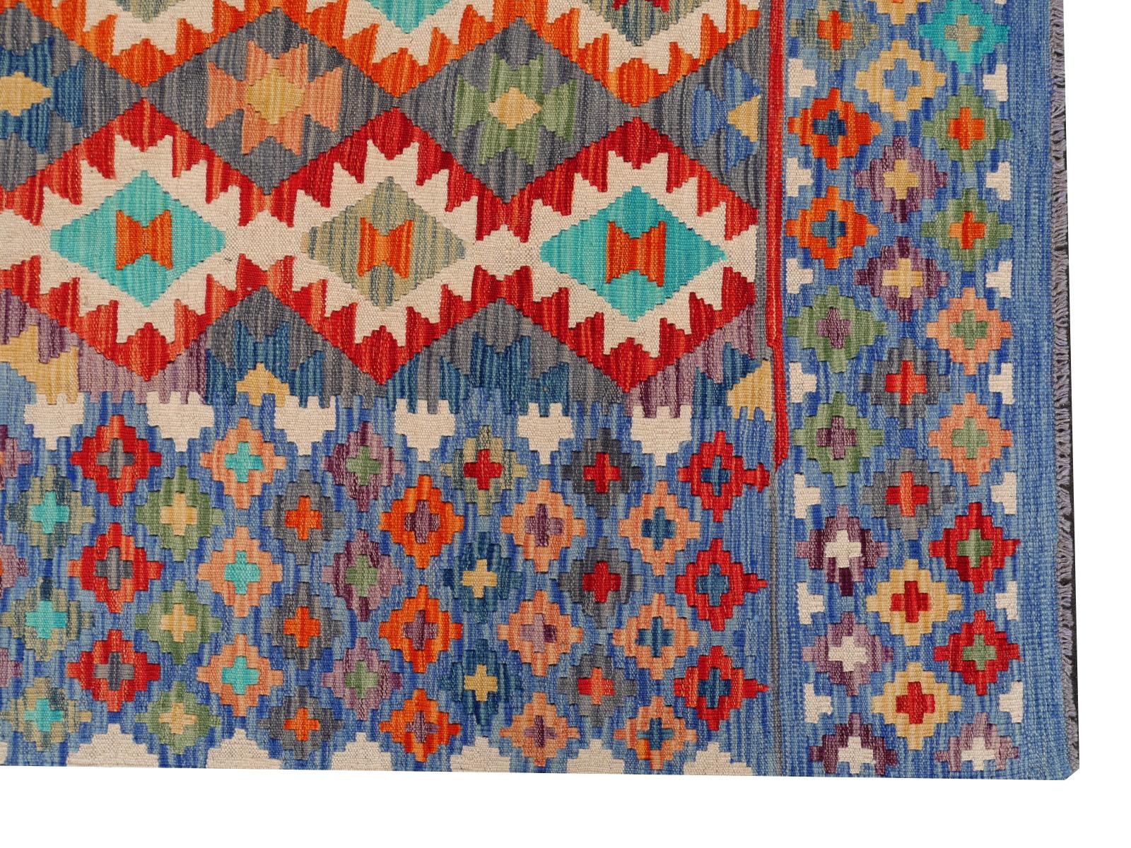 Afghan Kilim Rug Diamond Design Room Size Wool Flat Hand-Woven Persian Carpet