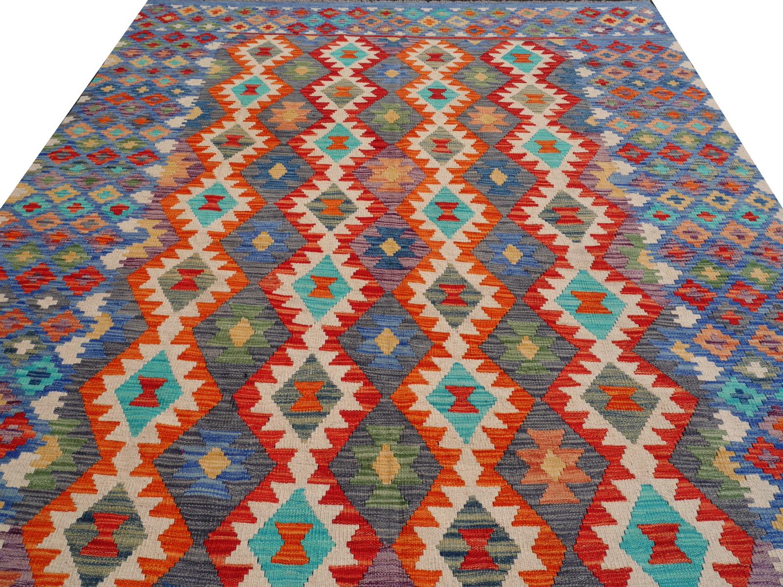 Kilim Rug Diamond Design Room Size Wool Flat Hand-Woven Persian Carpet In New Condition In Lohr, Bavaria, DE