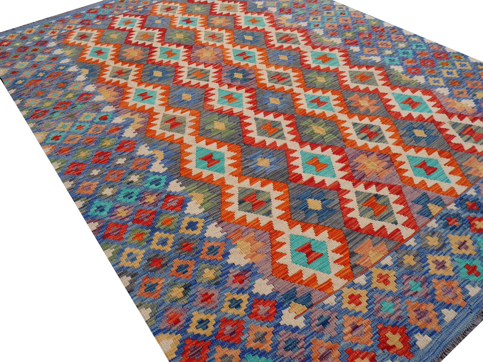 Contemporary Kilim Rug Diamond Design Room Size Wool Flat Hand-Woven Persian Carpet