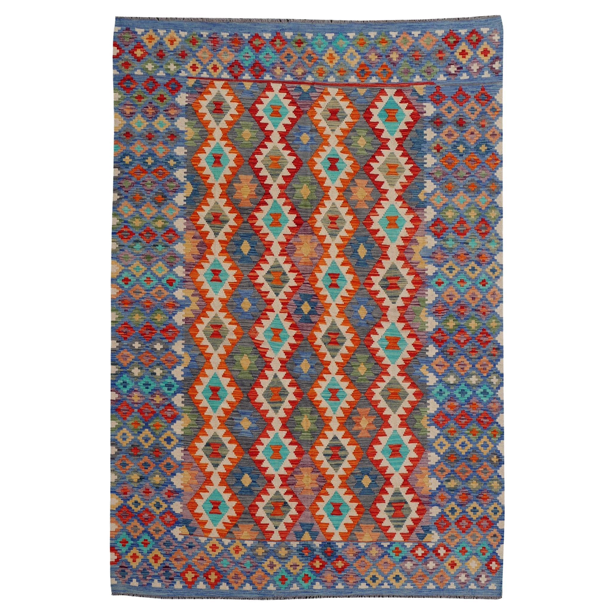 Kilim Rug Diamond Design Room Size Wool Flat Hand-Woven Persian Carpet