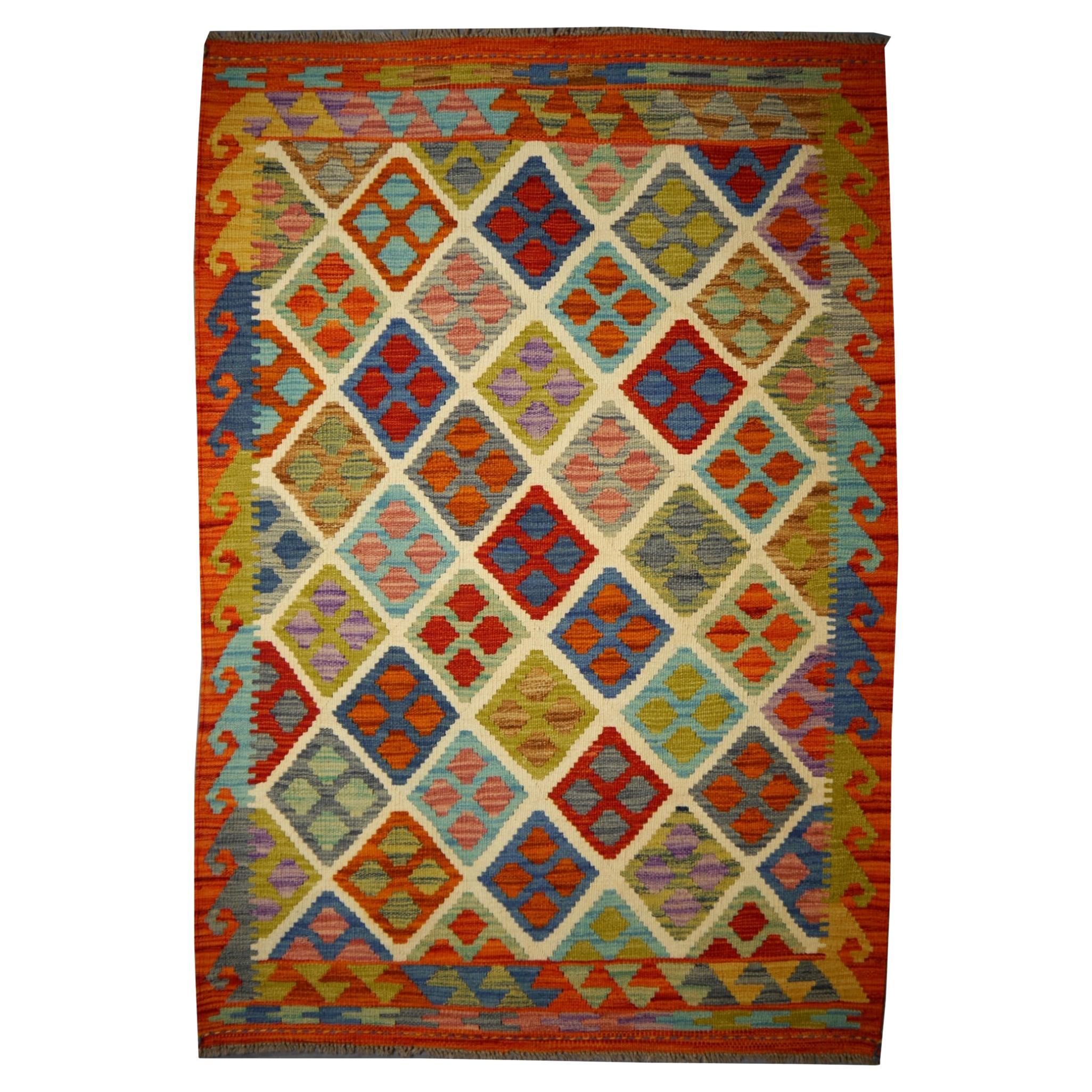 Kilim Rug Flat-Weave Tribal Nomad Kelim Natural Dyes Hand-Woven Diamond Design For Sale