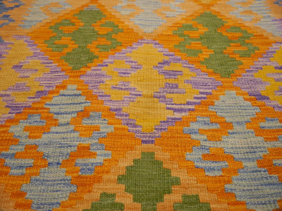 Tribal Kilim Rug Hallway Runner Wool Hand-Woven Blue Green Orange Lilac Turkish Design For Sale
