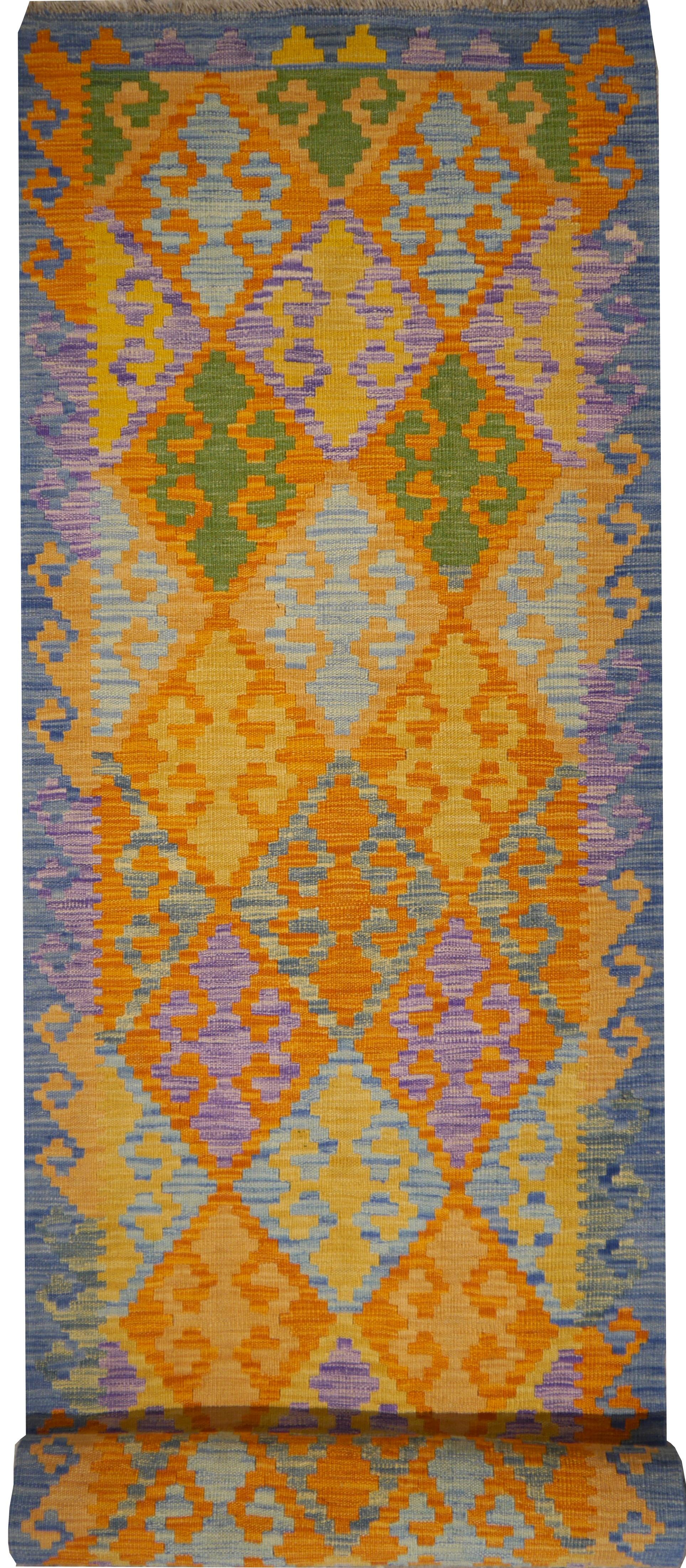Alfombra Kilim Pasillo Lana Tejida a Mano Azul Verde Naranja Lila Diseño Turco en venta 1