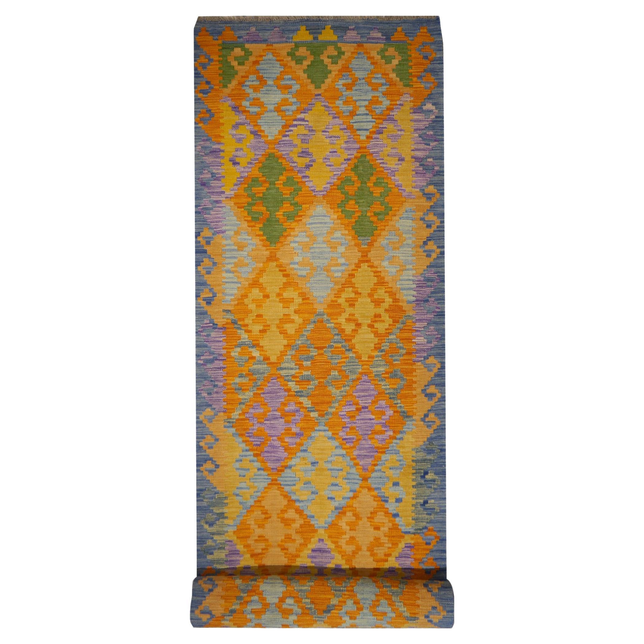 Kilim Rug Hallway Runner Wool Hand-Woven Blue Green Orange Lilac Turkish Design For Sale