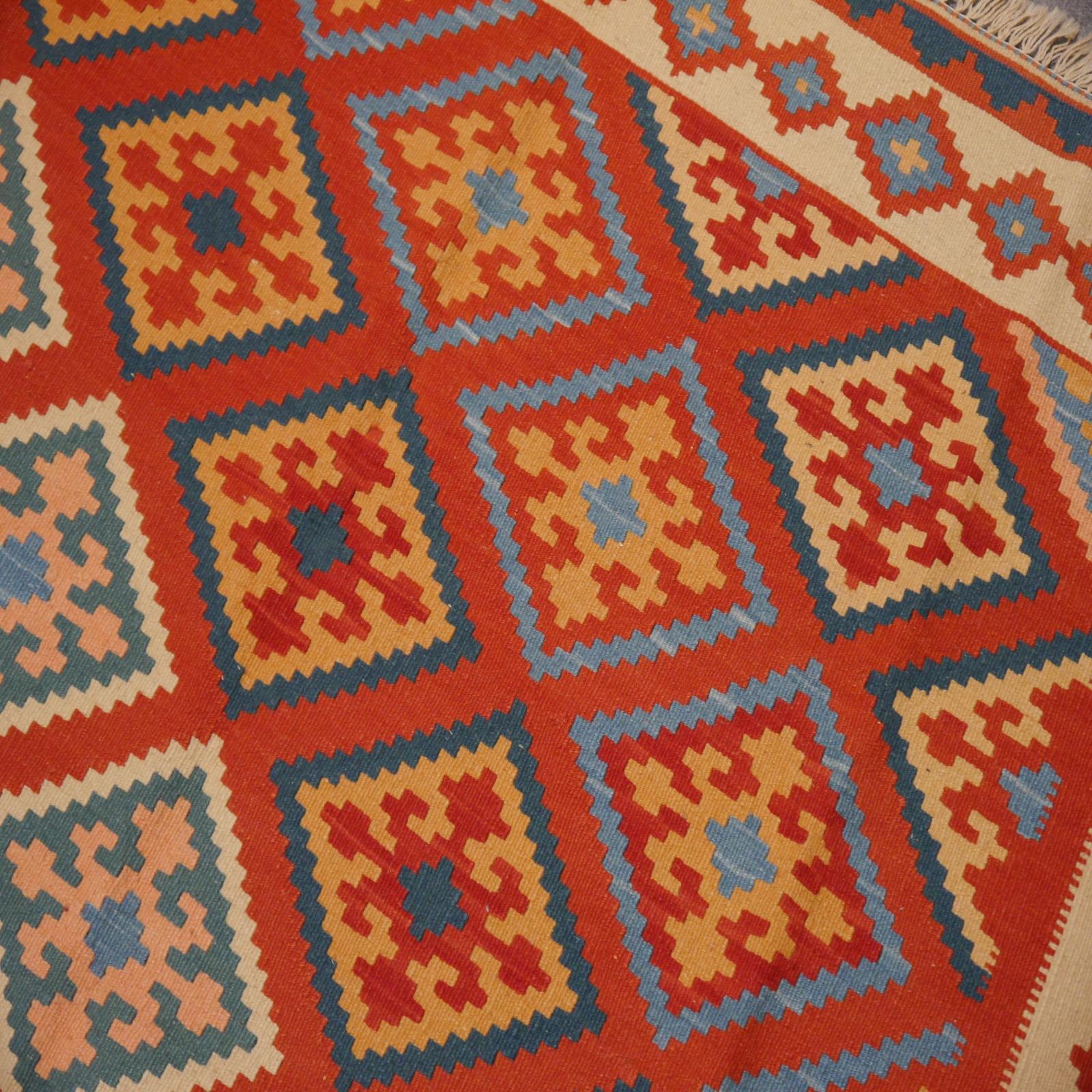 Hand-Woven Kilim rug hand-woven carpet tribal design with vibrant natural dye colors For Sale