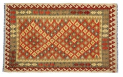 Geometrischer handgewebter Kelim-Teppich aus orangefarbener Wolle Kilims