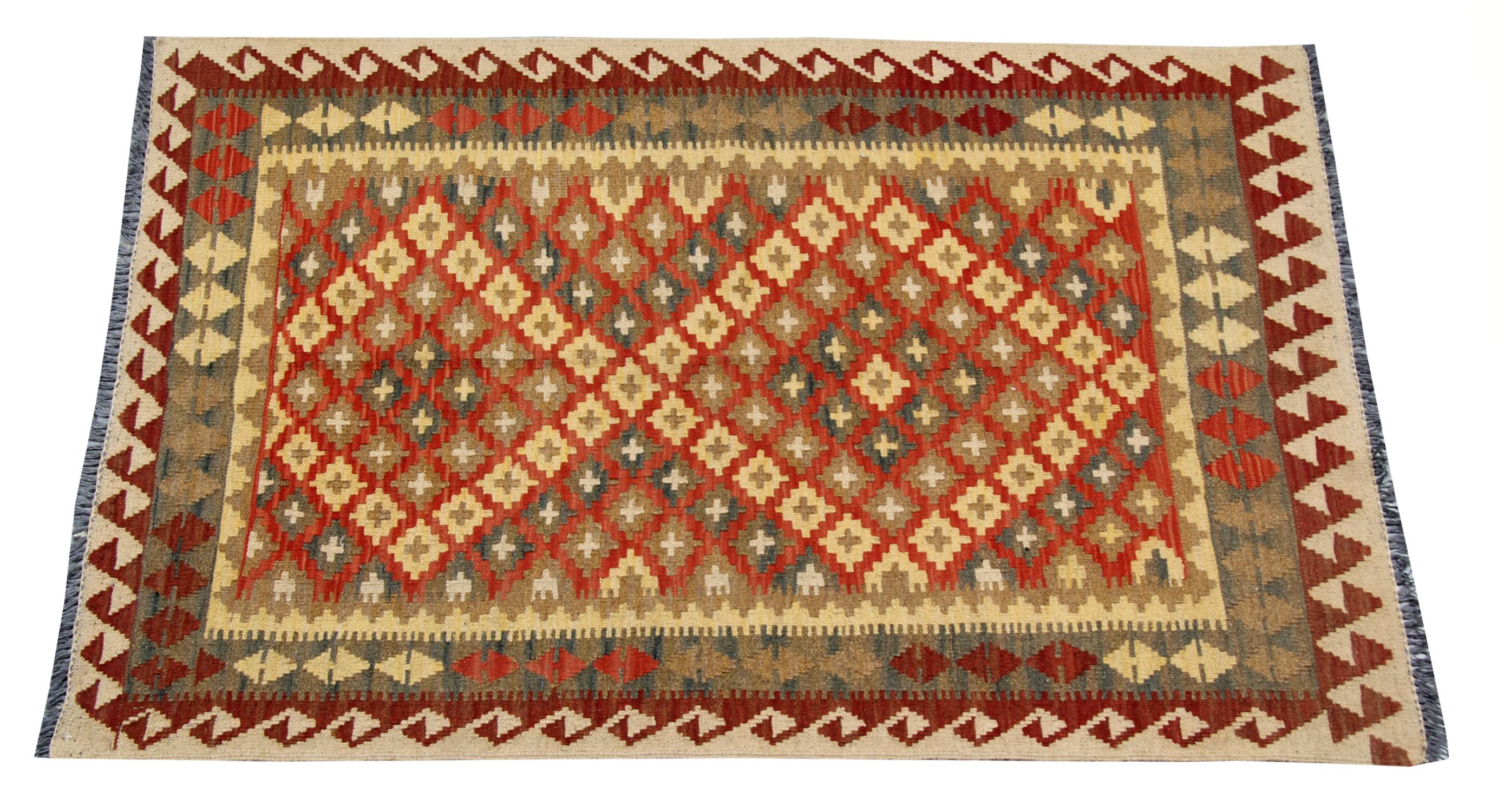 Afghan Geometric Kilim Rug Handwoven Carpet Orange Wool Kilims Carpet For Sale