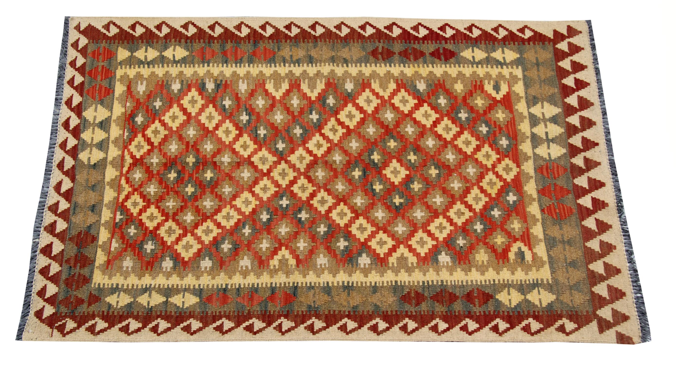 Afghano Tappeto Kilim geometrico tessuto a mano Tappeto Kilim di lana arancione in vendita