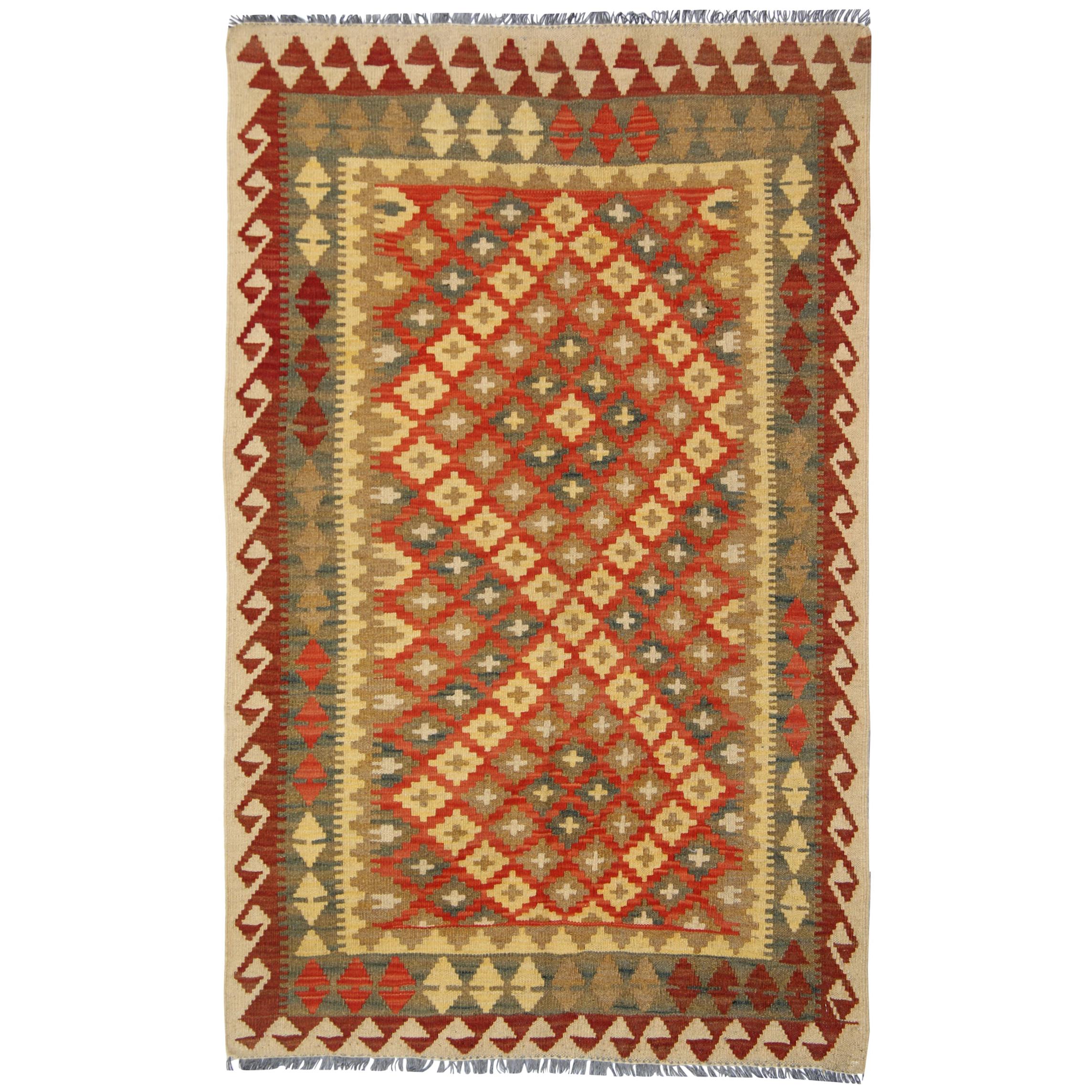 Geometric Kilim Rug Handwoven Carpet Orange Wool Kilims Carpet